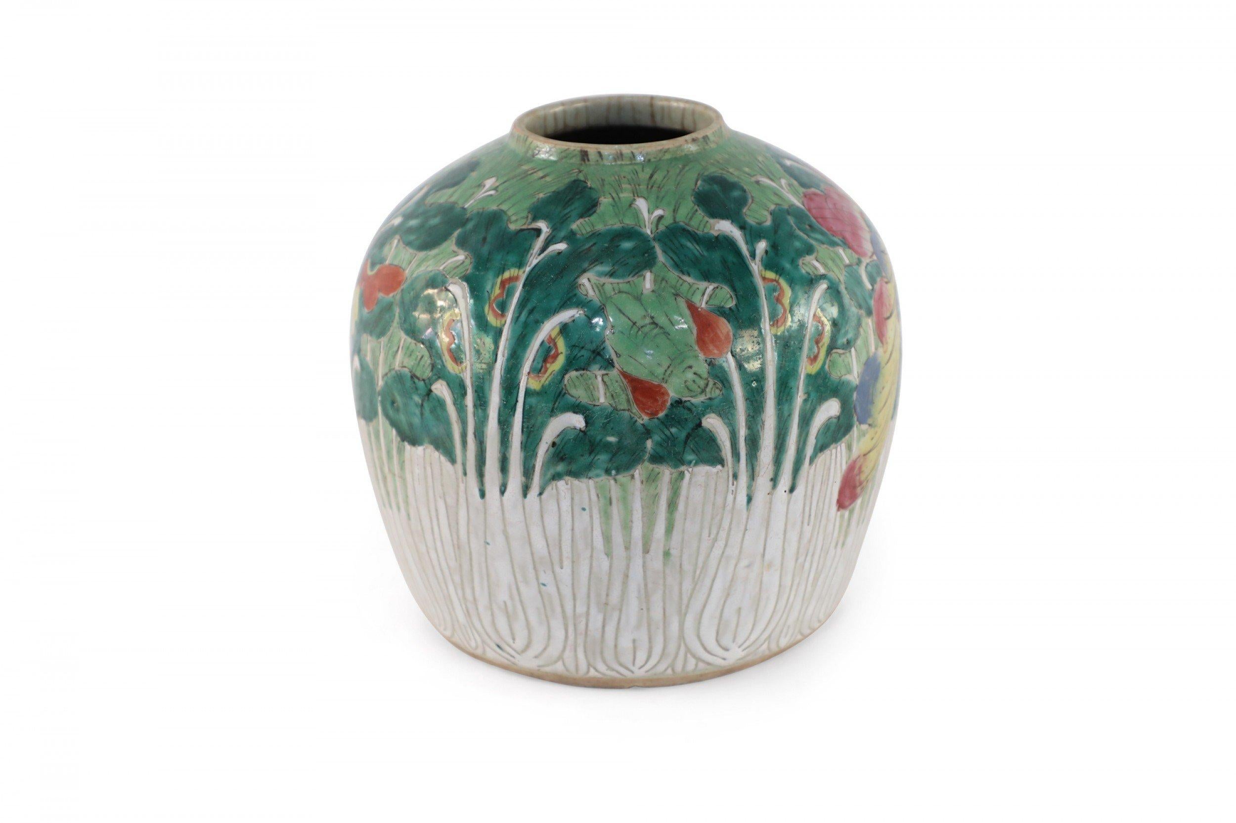 Chinese Cream and Green Vegetal Design Porcelain Vase For Sale 1