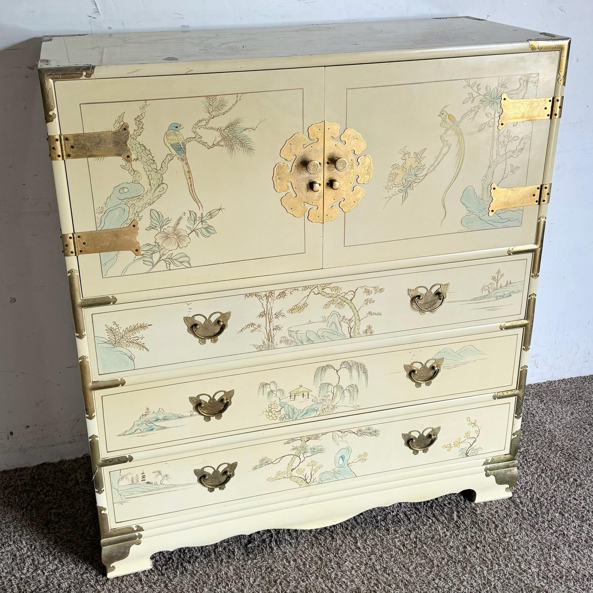 Add a touch of elegance to your space with this exquisite Chinese Cream Lacquered and Hand Painted Armoire/Highboy. Featuring detailed hand-painted designs and intricate gold accents, this piece exemplifies exceptional craftsmanship and timeless
