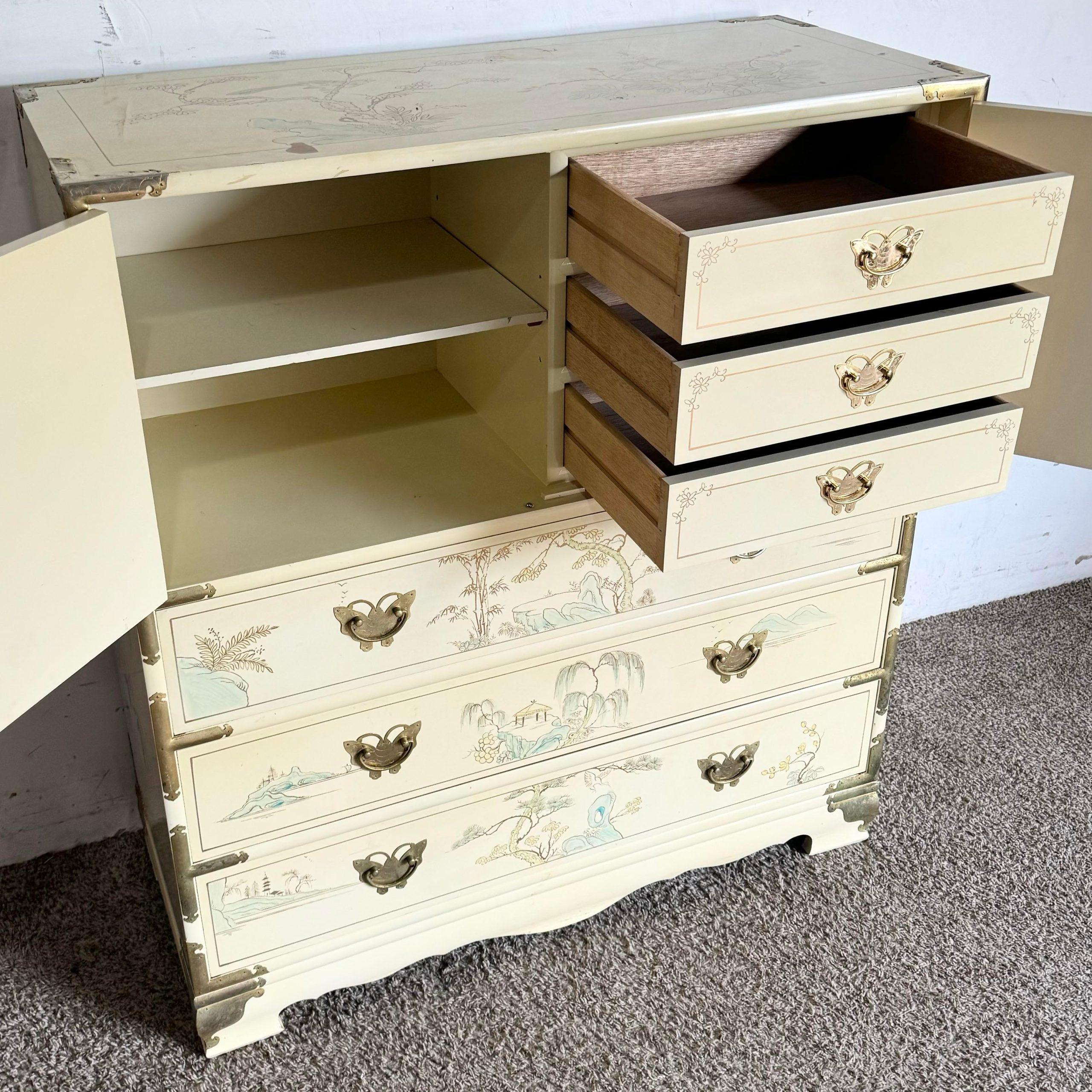 Chinese Cream Lacquered and Hand Painted Armoire/Highboy With Gold Accents In Good Condition In Delray Beach, FL