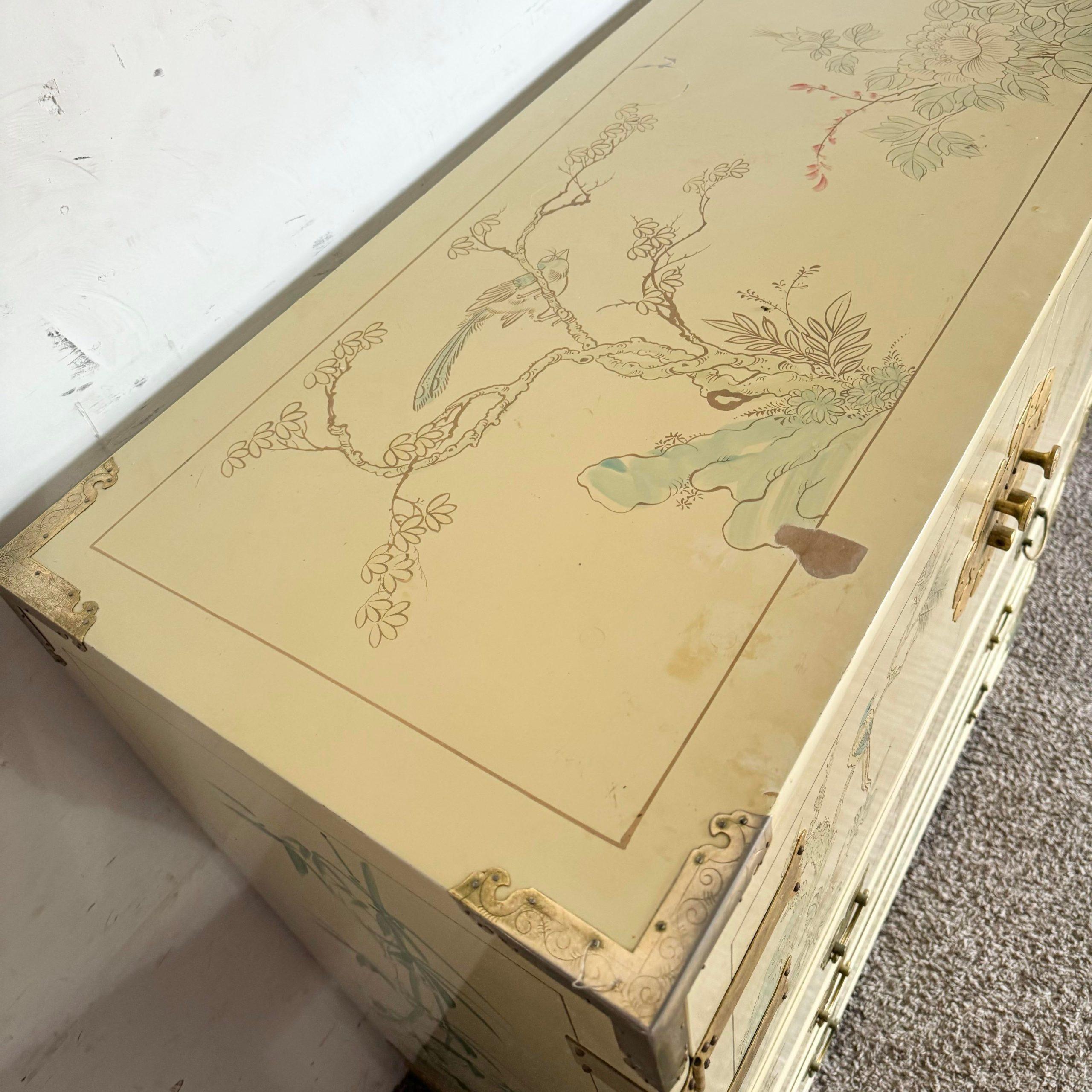 Late 20th Century Chinese Cream Lacquered and Hand Painted Armoire/Highboy With Gold Accents
