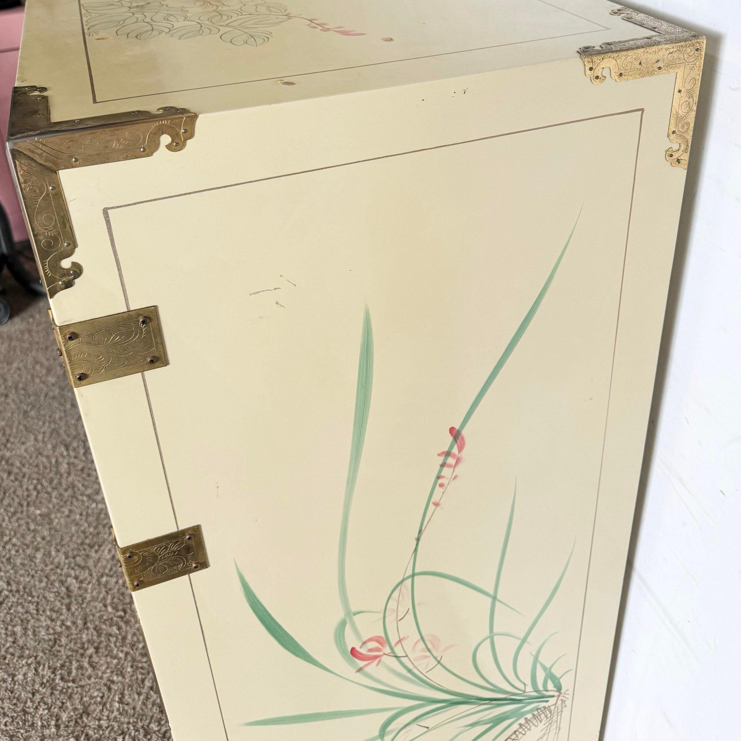 Chinese Cream Lacquered and Hand Painted Armoire/Highboy With Gold Accents 1