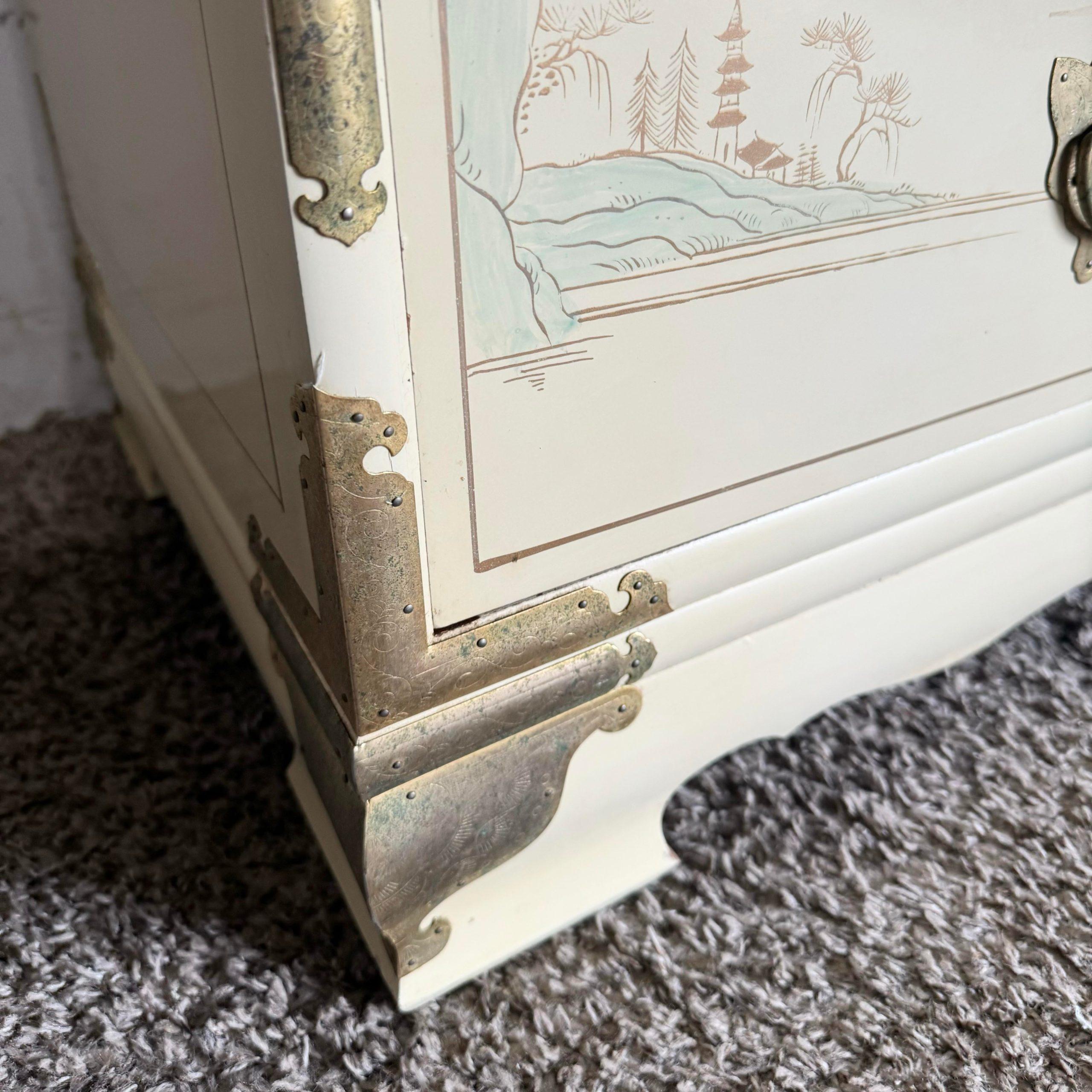 Chinese Cream Lacquered and Hand Painted Armoire/Highboy With Gold Accents 3
