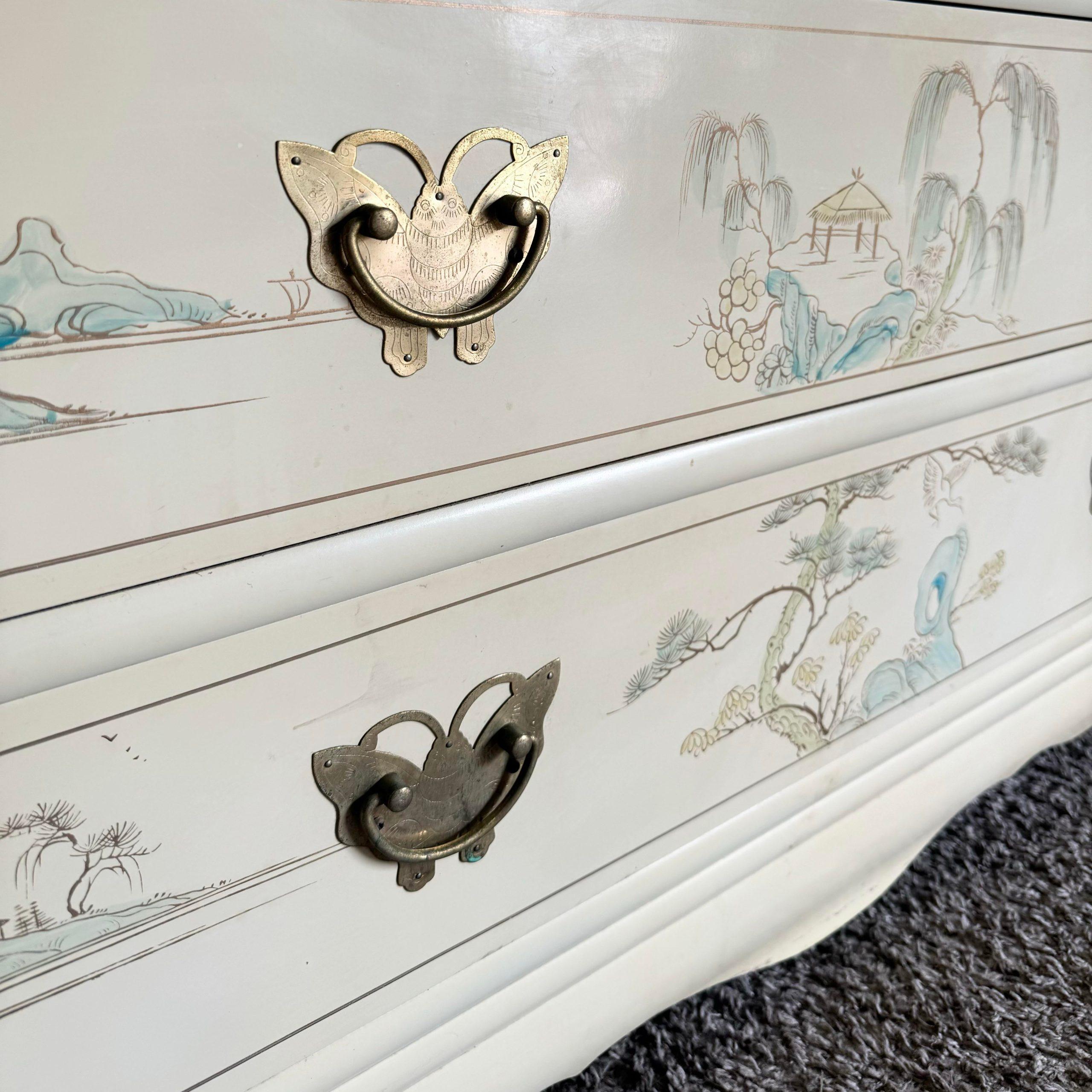 Chinese Cream Lacquered and Hand Painted Armoire/Highboy With Gold Accents 4