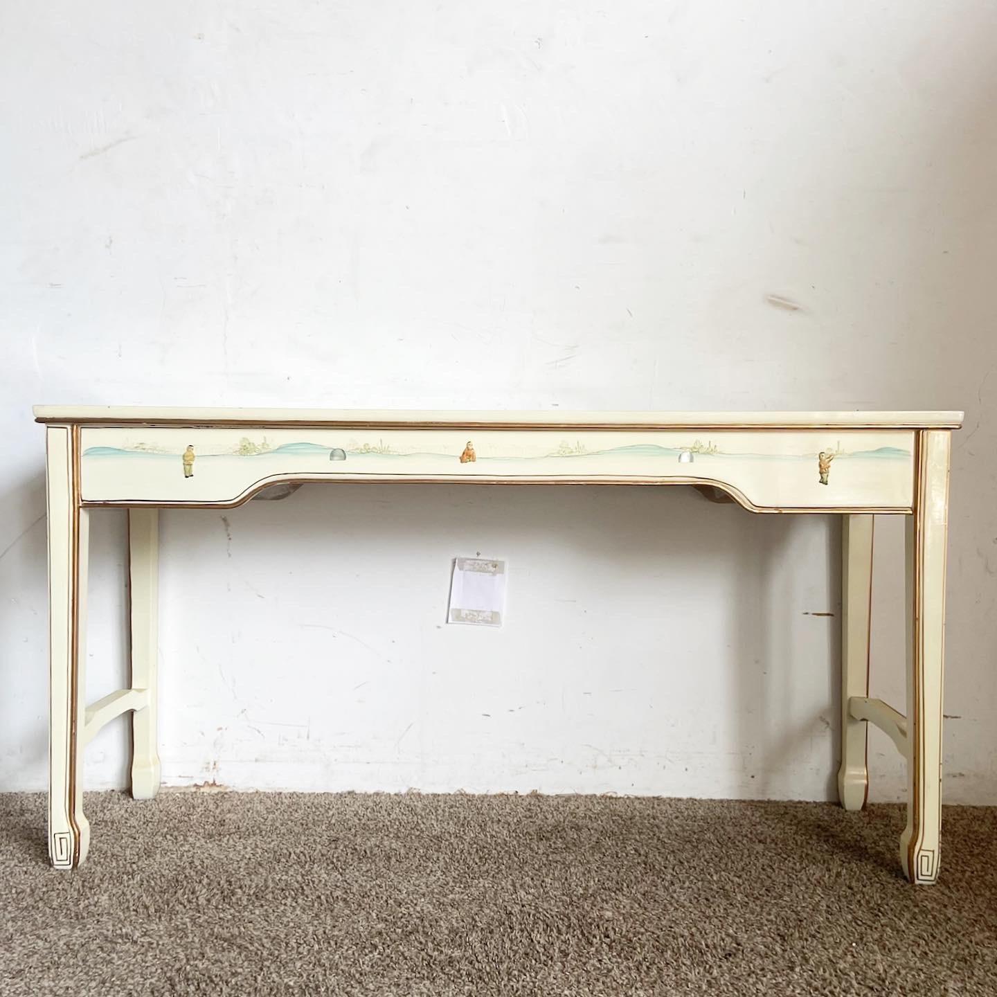 Embrace classic elegance with the Chinese Cream Lacquered and Hand Painted Console Table. Its intricate traditional motifs and soft cream finish add asian charm and sophistication to any space, perfect for entryways or living areas.
No glass top.