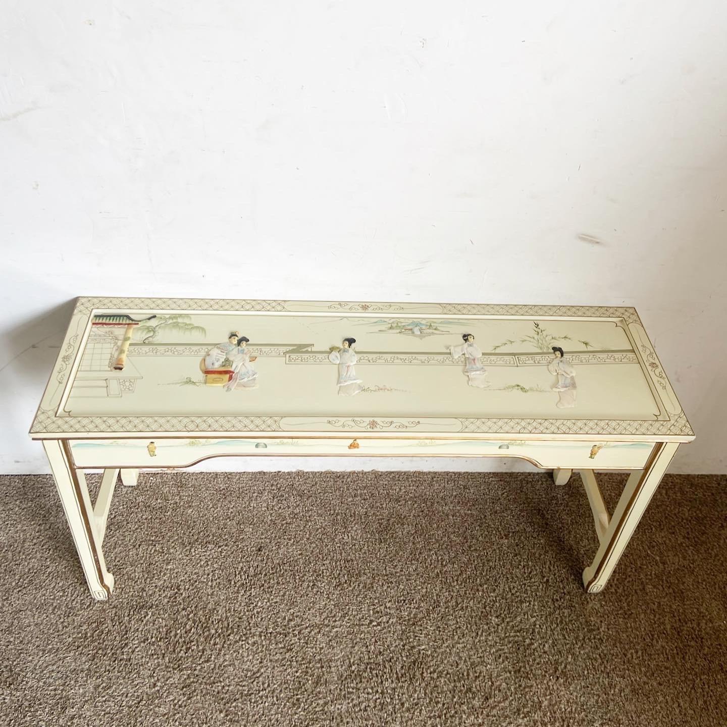 Chinoiserie Chinese Cream Lacquered and Hand Painted Console Table For Sale