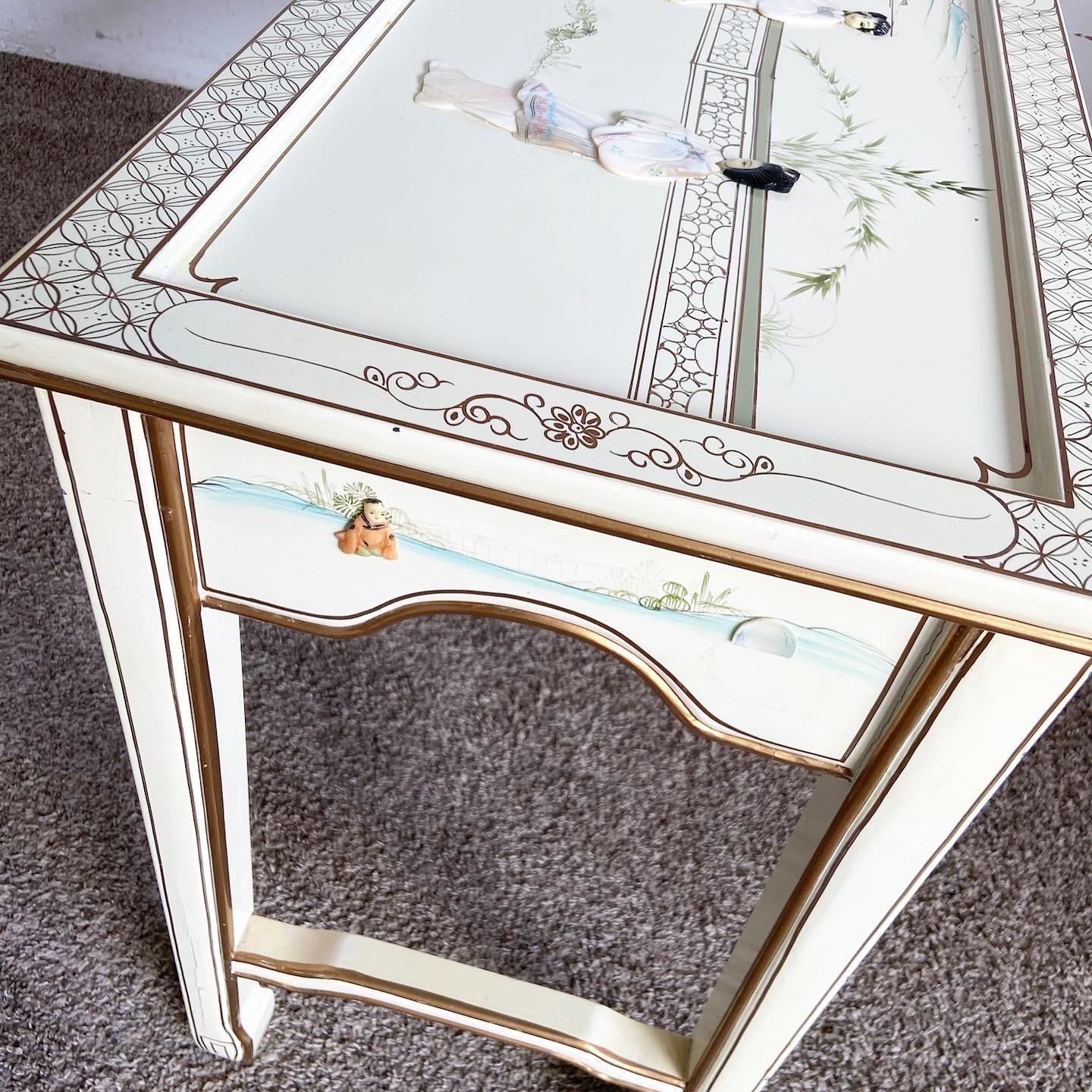 Chinese Cream Lacquered and Hand Painted Console Table For Sale 1