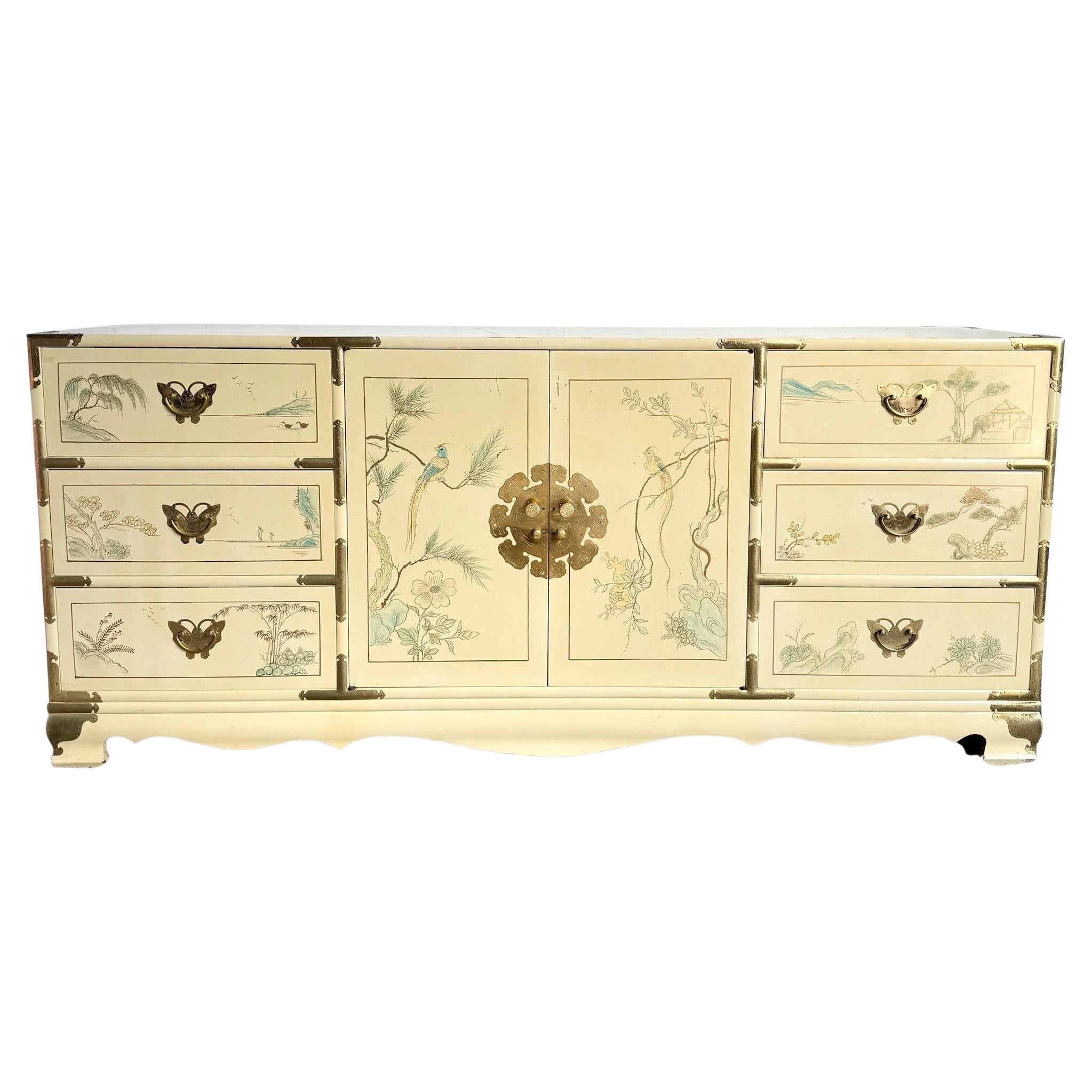 Chinese Cream Lacquered and Hand Painted Dresser With Gold Accents