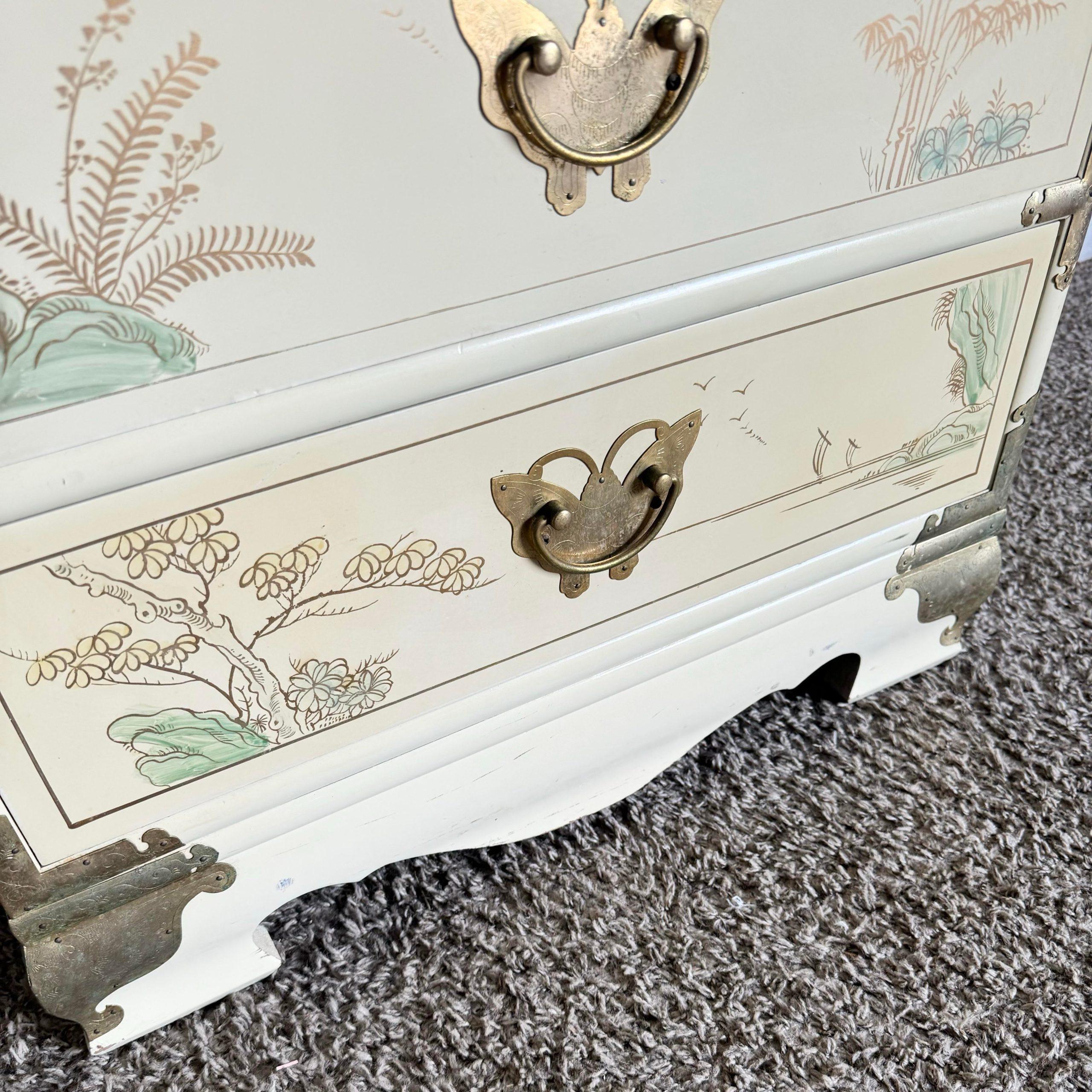 Chinese Cream Lacquered and Hand Painted Lingerie Highboy With Gold Accents 5
