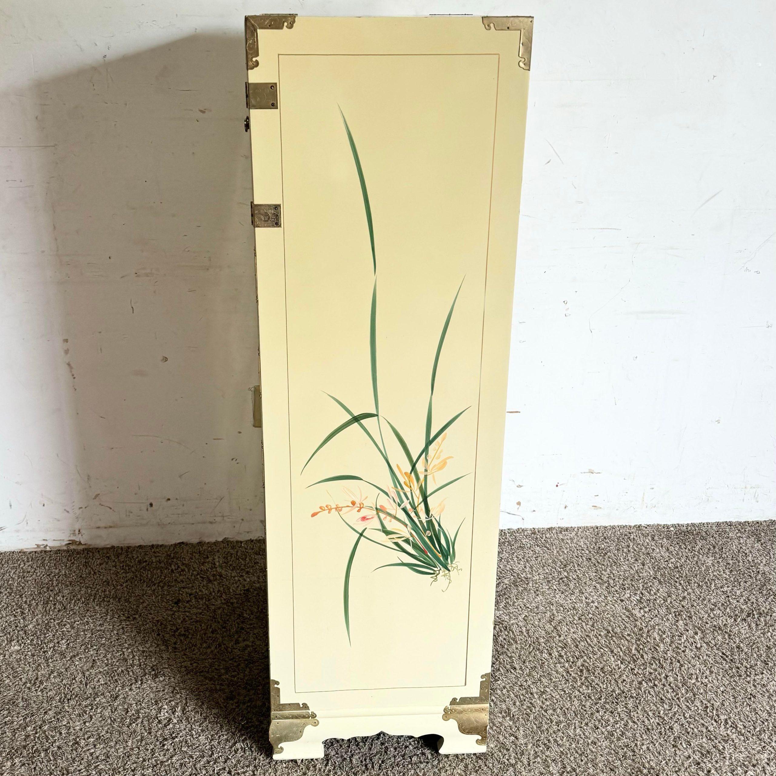 Elevate your interior with this Chinese Cream Lacquered Highboy Armoire. Adorned with intricate hand-painted designs and gold accents, this armoire combines classic elegance with practical storage. The cream lacquer finish highlights the detailed