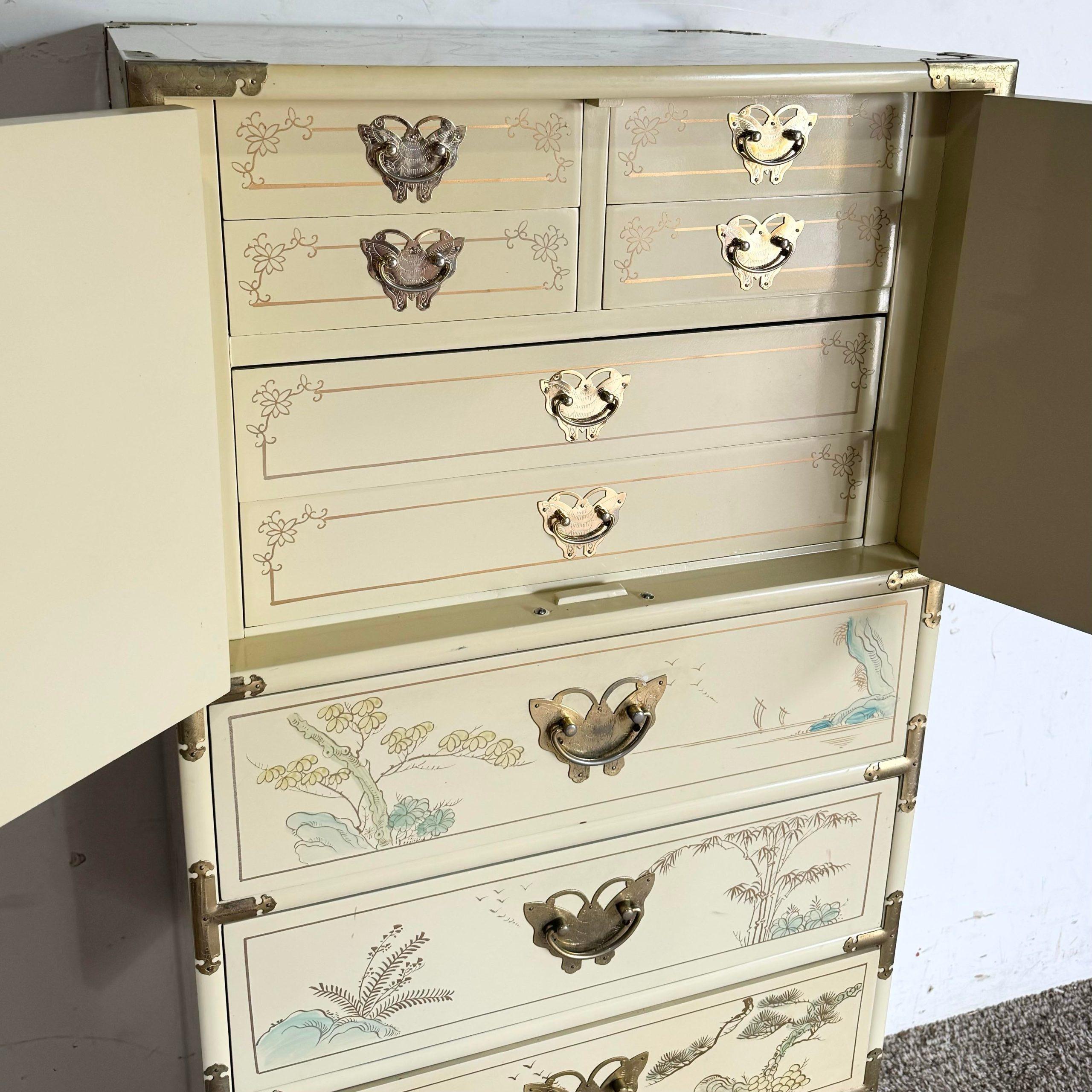 Late 20th Century Chinese Cream Lacquered and Hand Painted Lingerie Highboy With Gold Accents