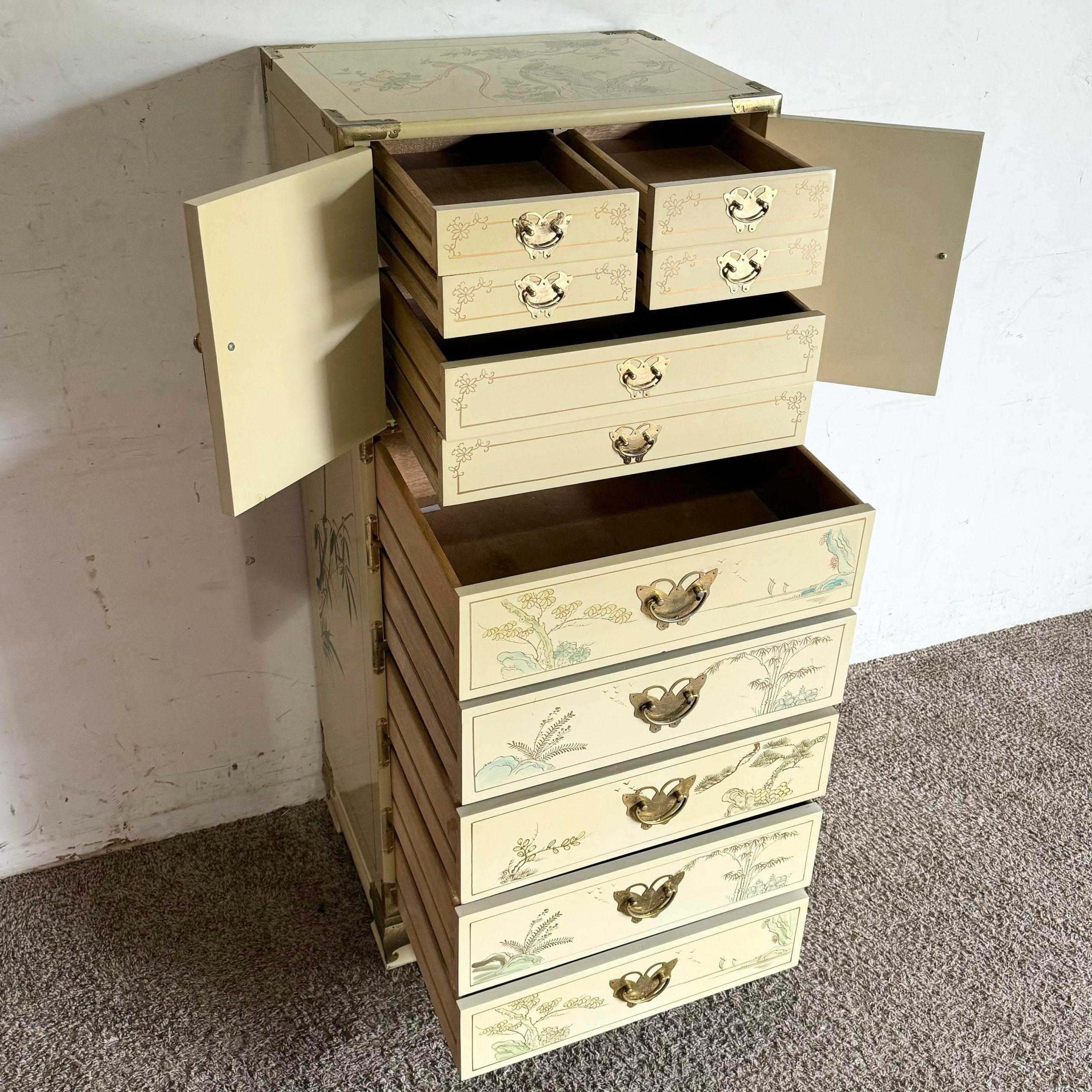 Wood Chinese Cream Lacquered and Hand Painted Lingerie Highboy With Gold Accents