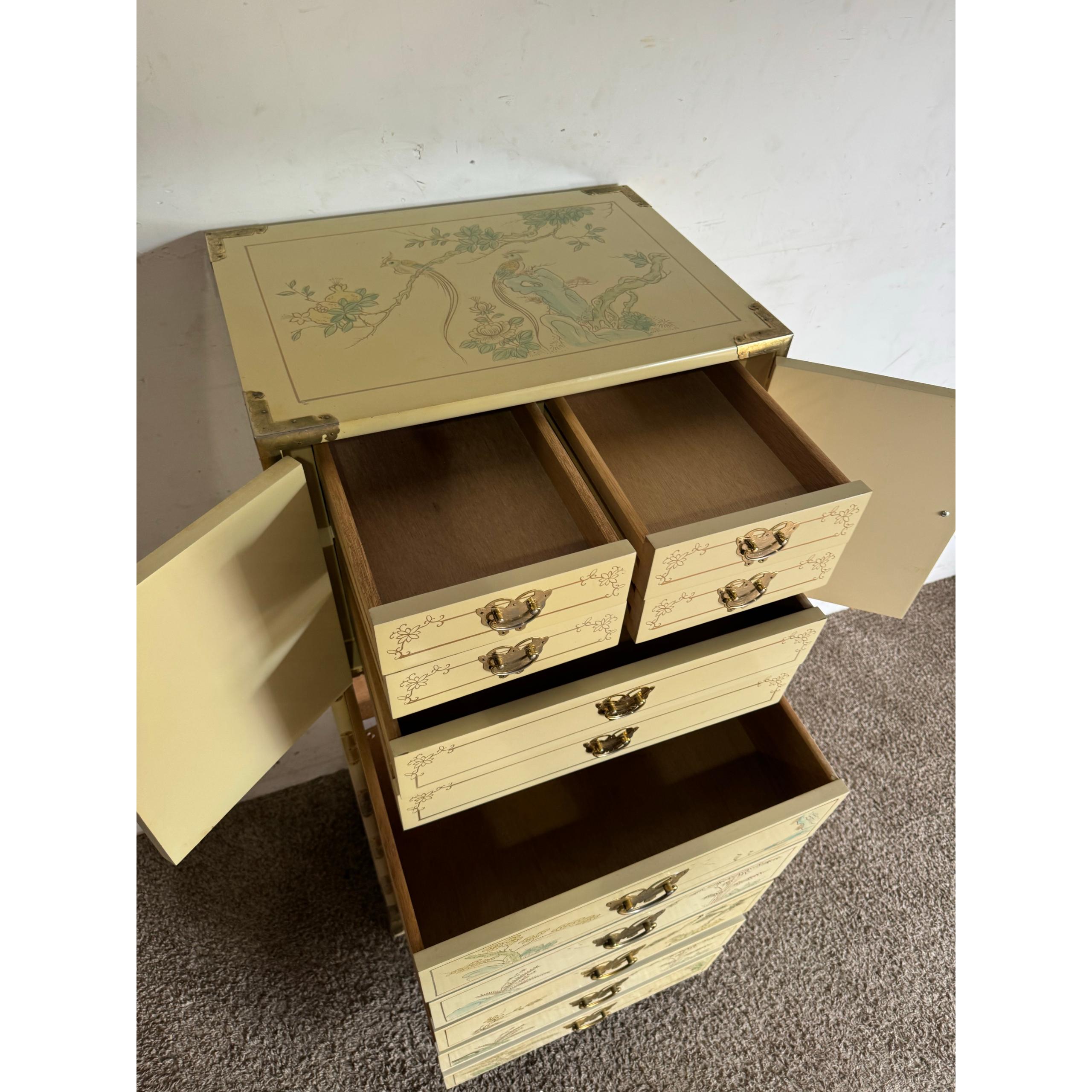 Chinese Cream Lacquered and Hand Painted Lingerie Highboy With Gold Accents 1