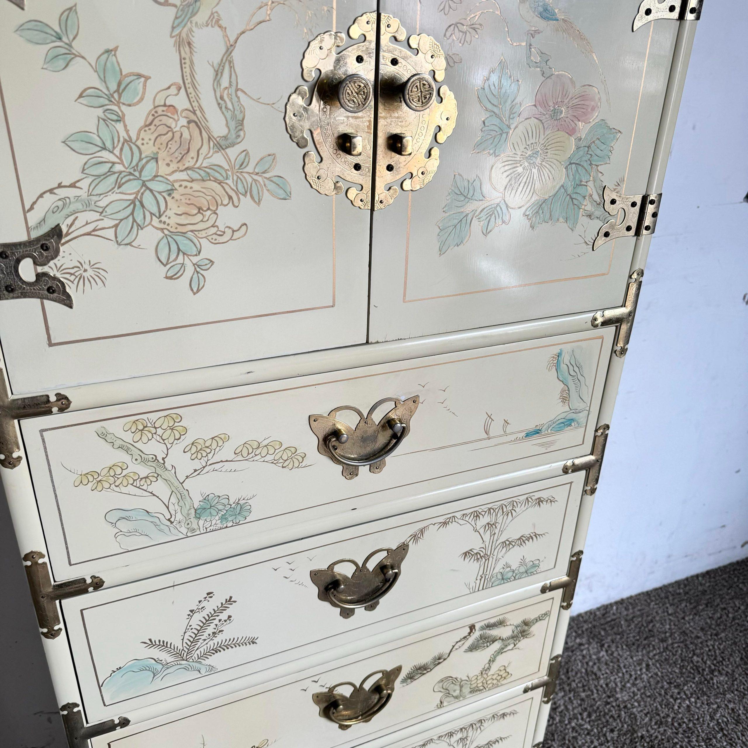 Chinese Cream Lacquered and Hand Painted Lingerie Highboy With Gold Accents 3