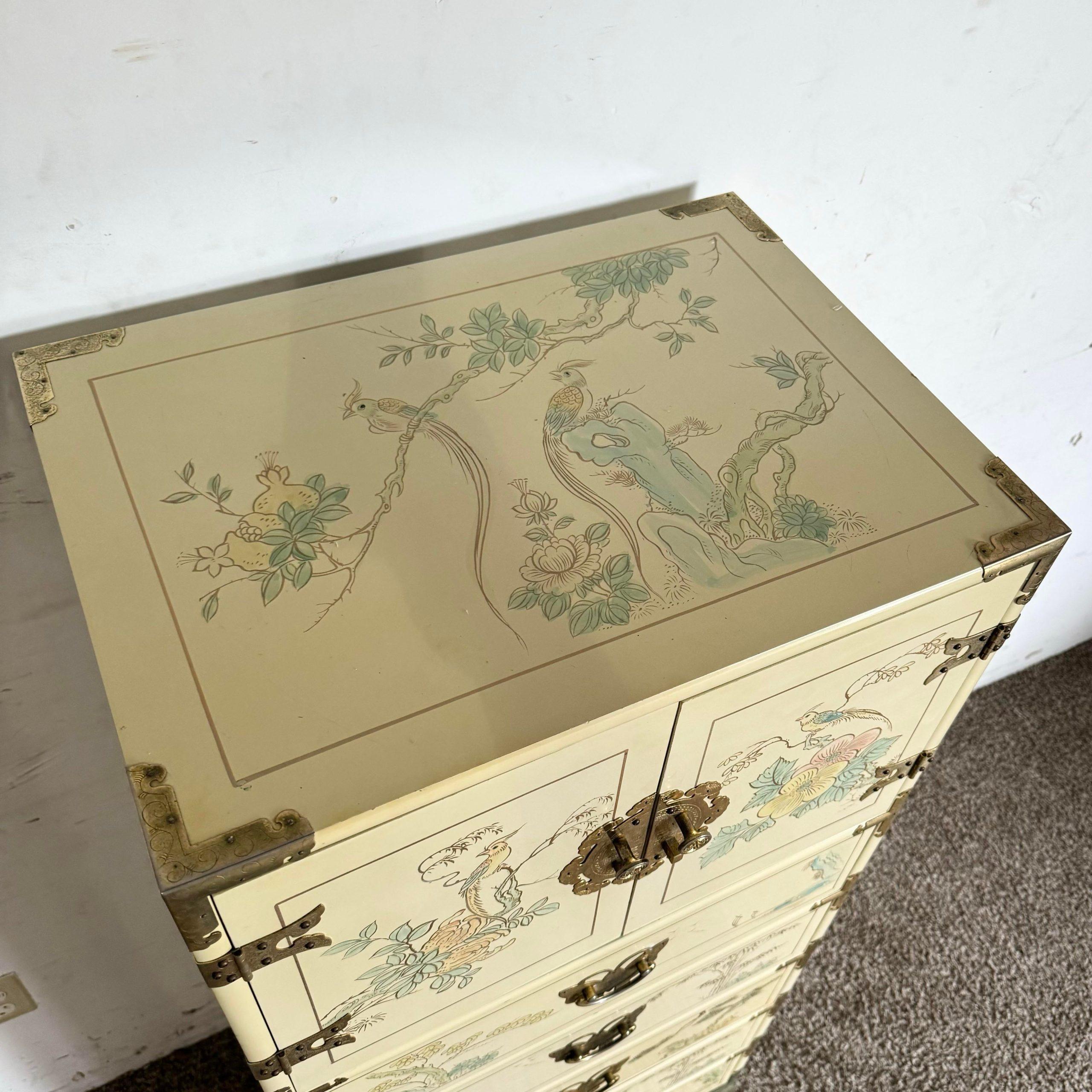 Chinese Cream Lacquered and Hand Painted Lingerie Highboy With Gold Accents 4