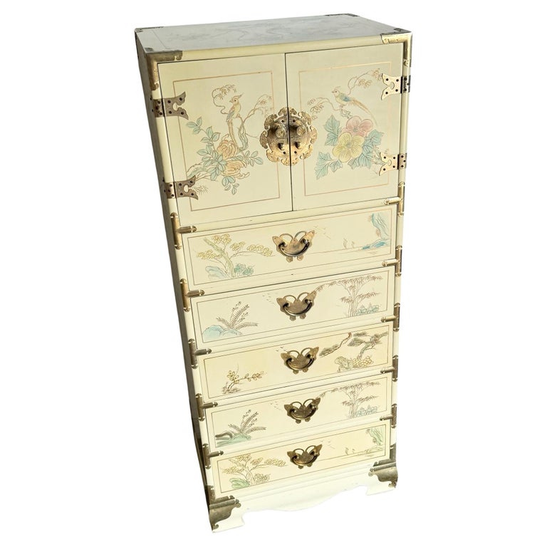 Chinese Cream Lacquered and Hand Painted Lingerie Highboy With Gold Accents  at 1stDibs