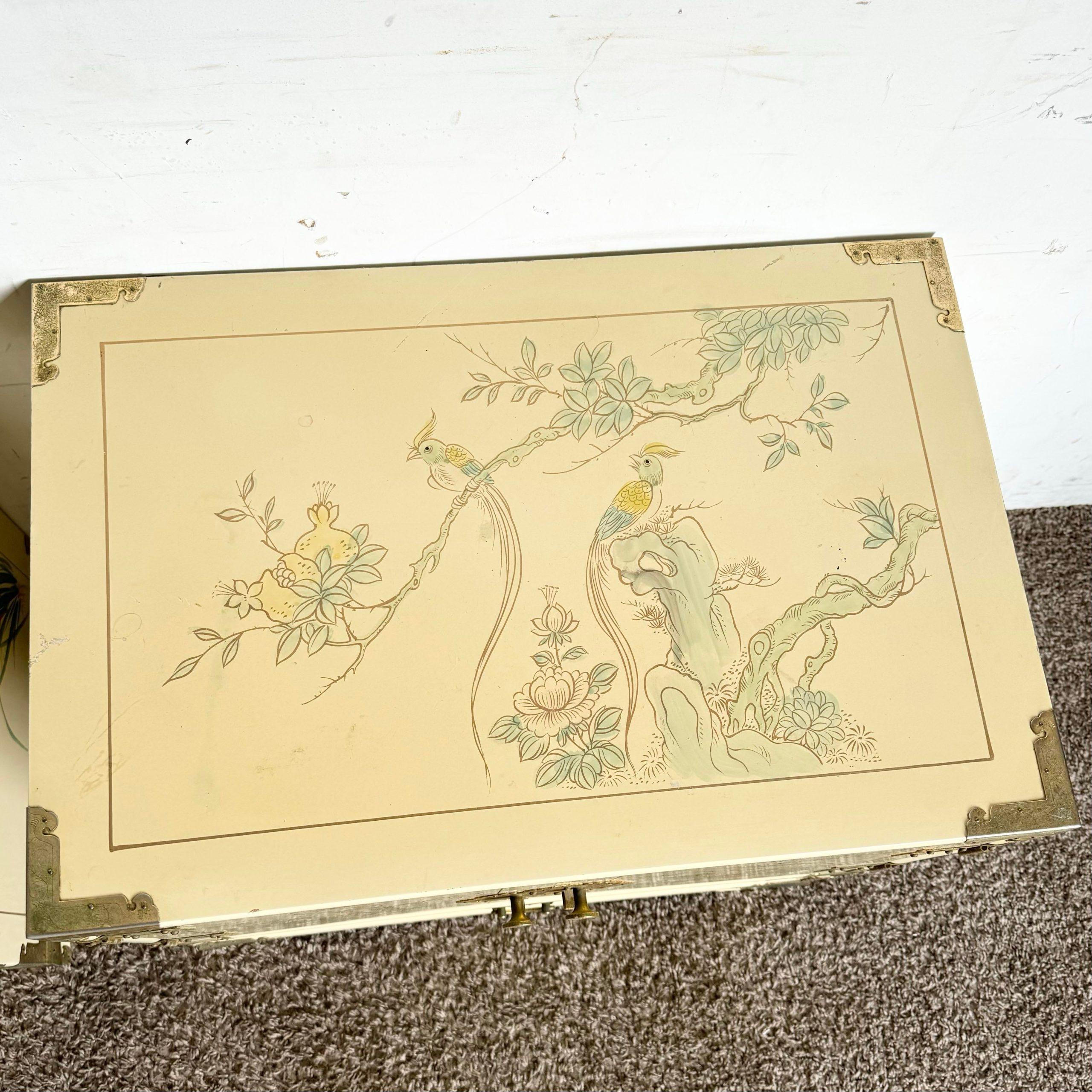 Late 20th Century Chinese Cream Lacquered and Hand Painted Nightstands With Gold Accents - a Pair For Sale