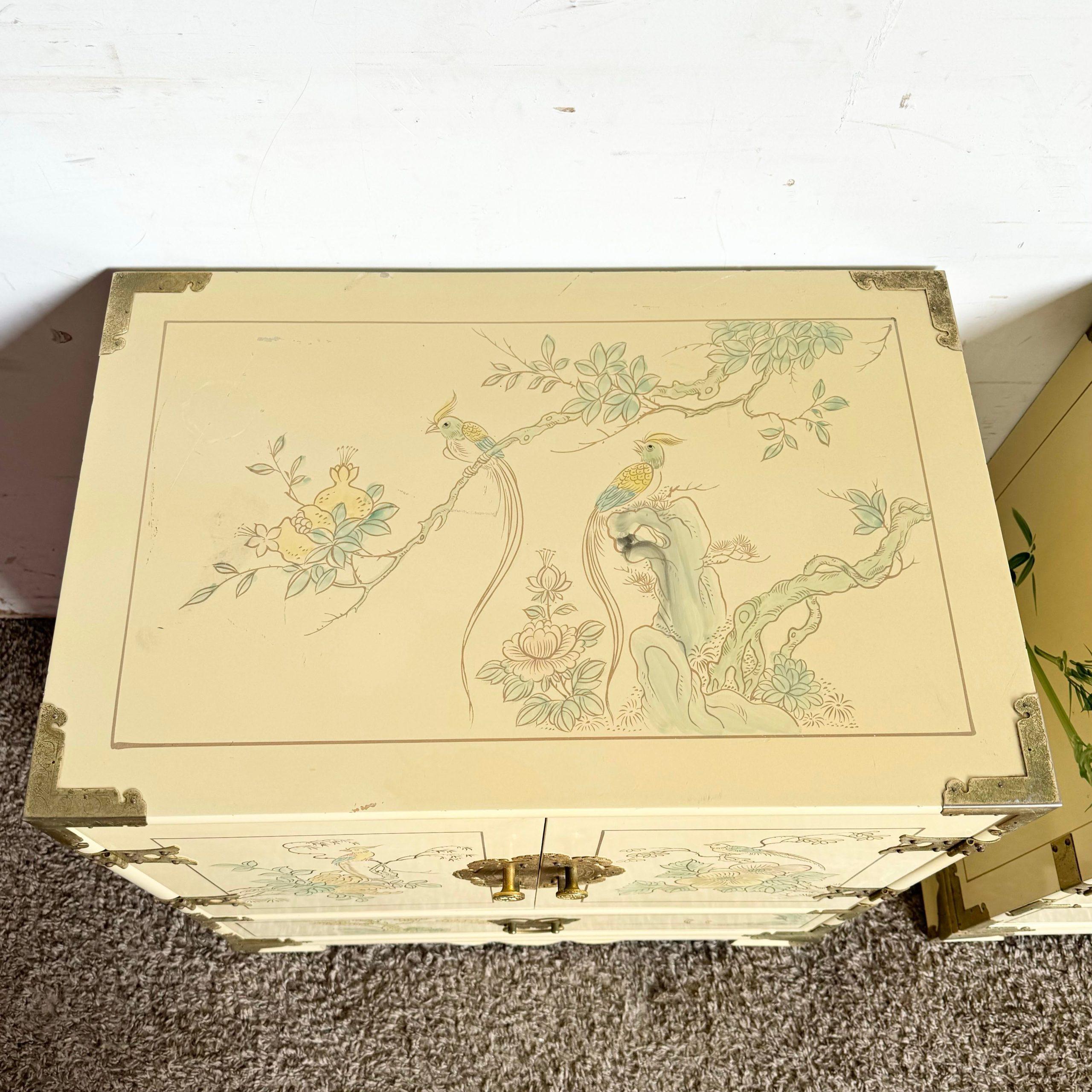 Wood Chinese Cream Lacquered and Hand Painted Nightstands With Gold Accents - a Pair For Sale