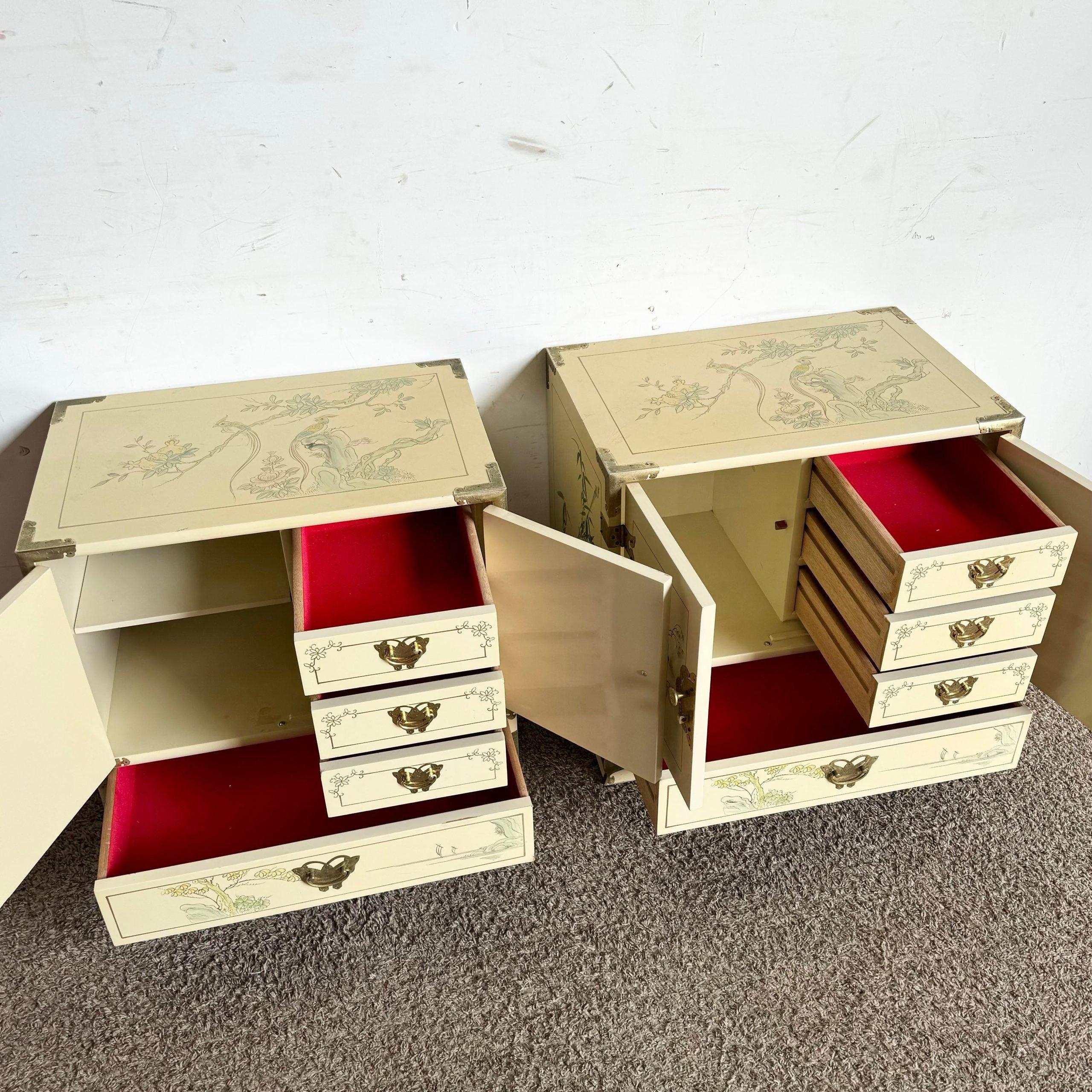 Chinese Cream Lacquered and Hand Painted Nightstands With Gold Accents - a Pair For Sale 3
