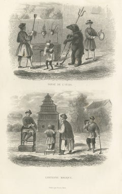 Chinese Dancing Bear and Magic Lantern Show, Antique Steel Engraving, 1859