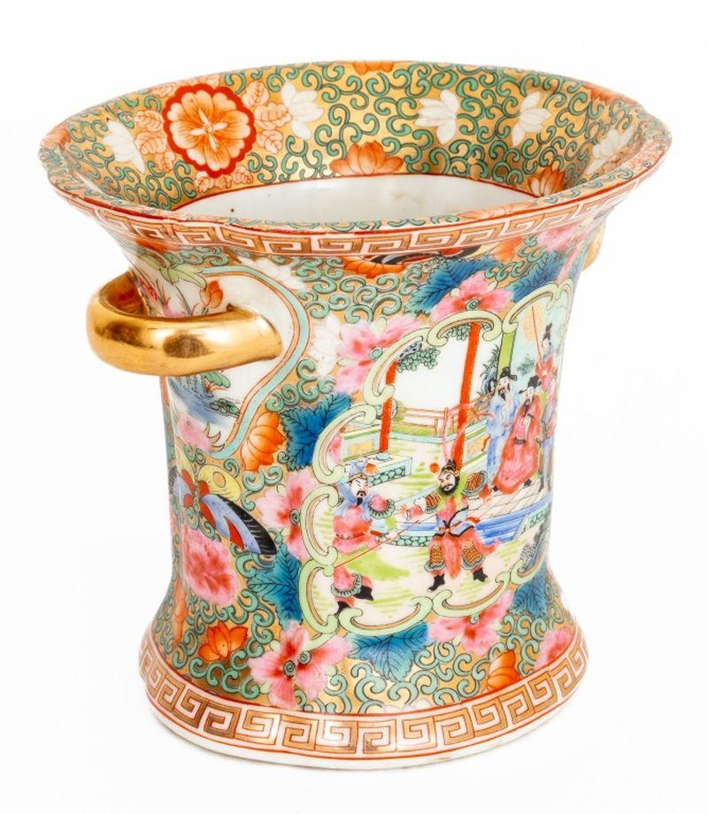Chinese Rose Medallion Porcelain Two-Handled Cache Pot, red Daoguong mark to underside, hand-painted with figural group scenes on scrolling floral gilt ground. 7.25