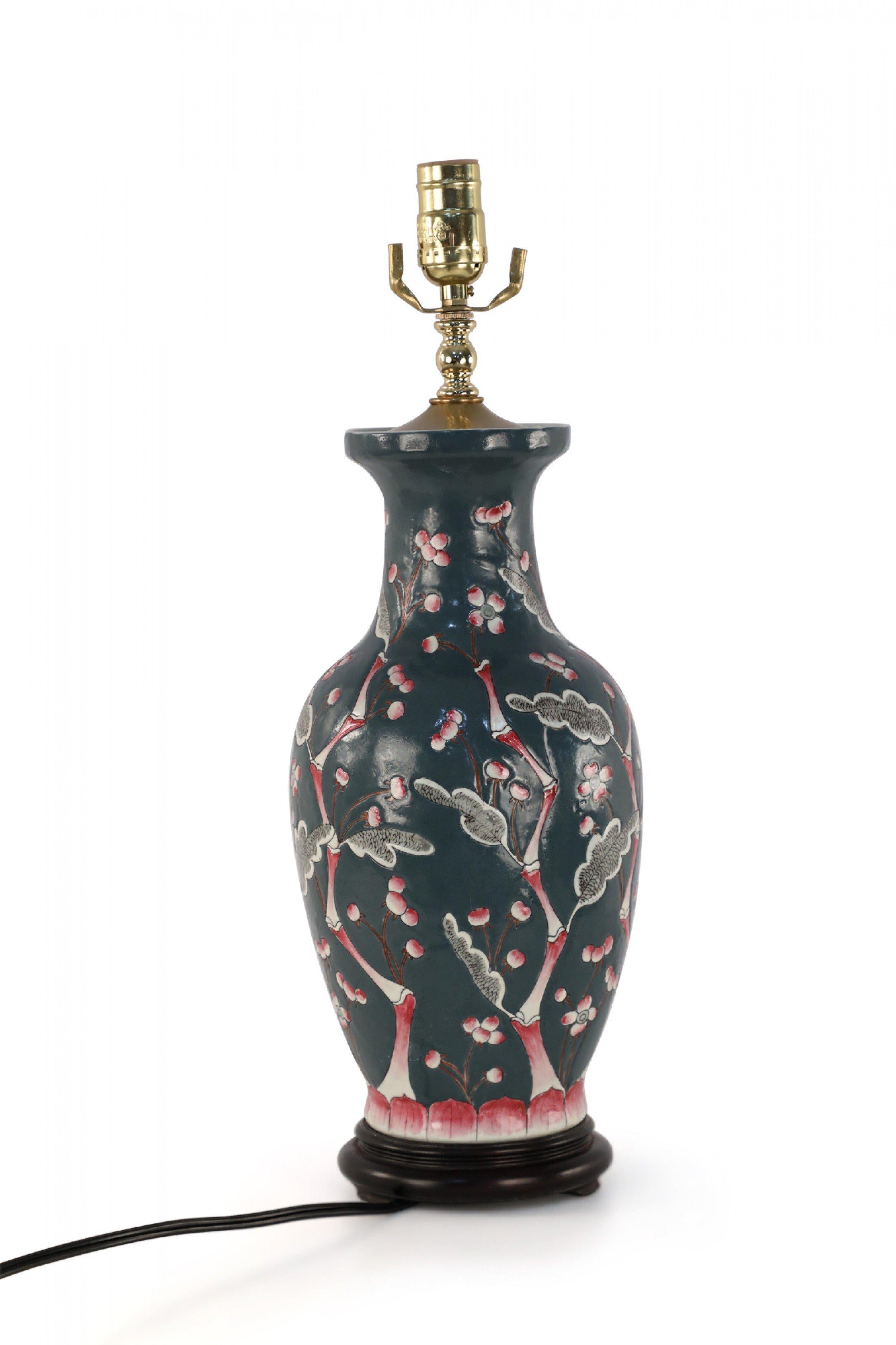 Chinese Dark Blue and Red Cherry Blossom Tree Motif Table Lamp In Good Condition For Sale In New York, NY
