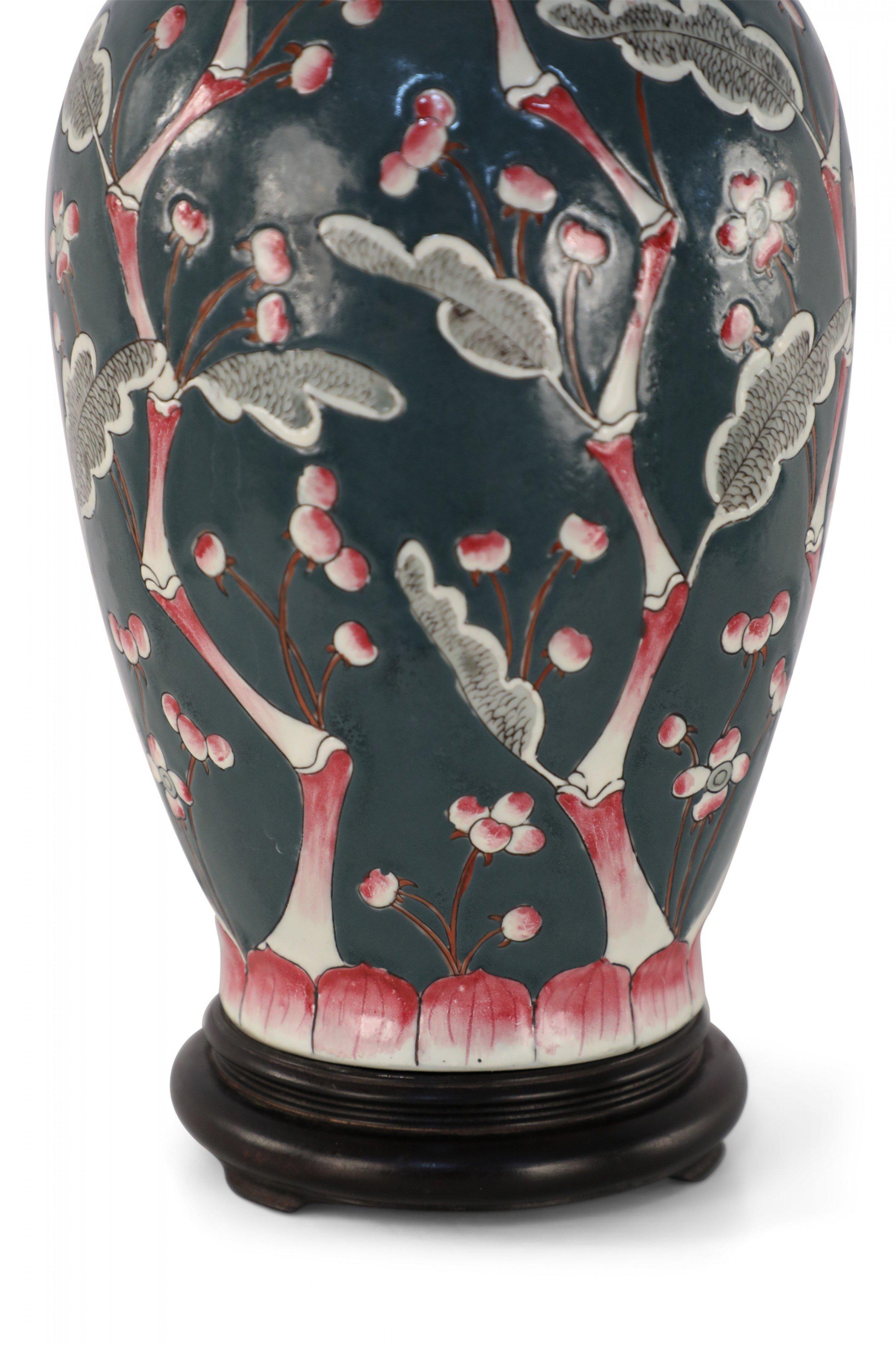 Metal Chinese Dark Blue and Red Cherry Blossom Tree Motif Table Lamp For Sale