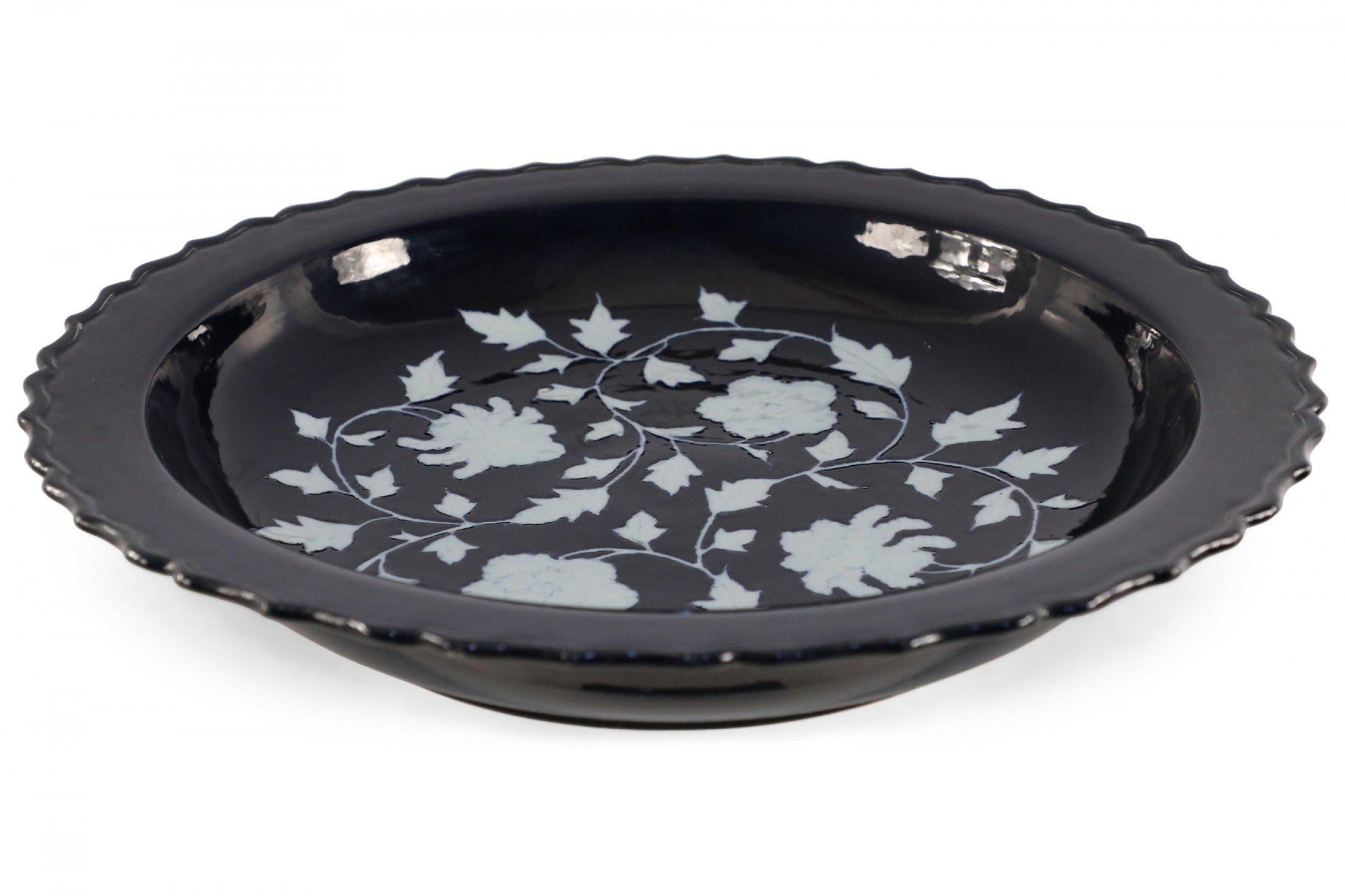 Hand-Crafted Chinese Dark Blue and White Peony Flower Design Scalloped Porcelain Centerpiece For Sale