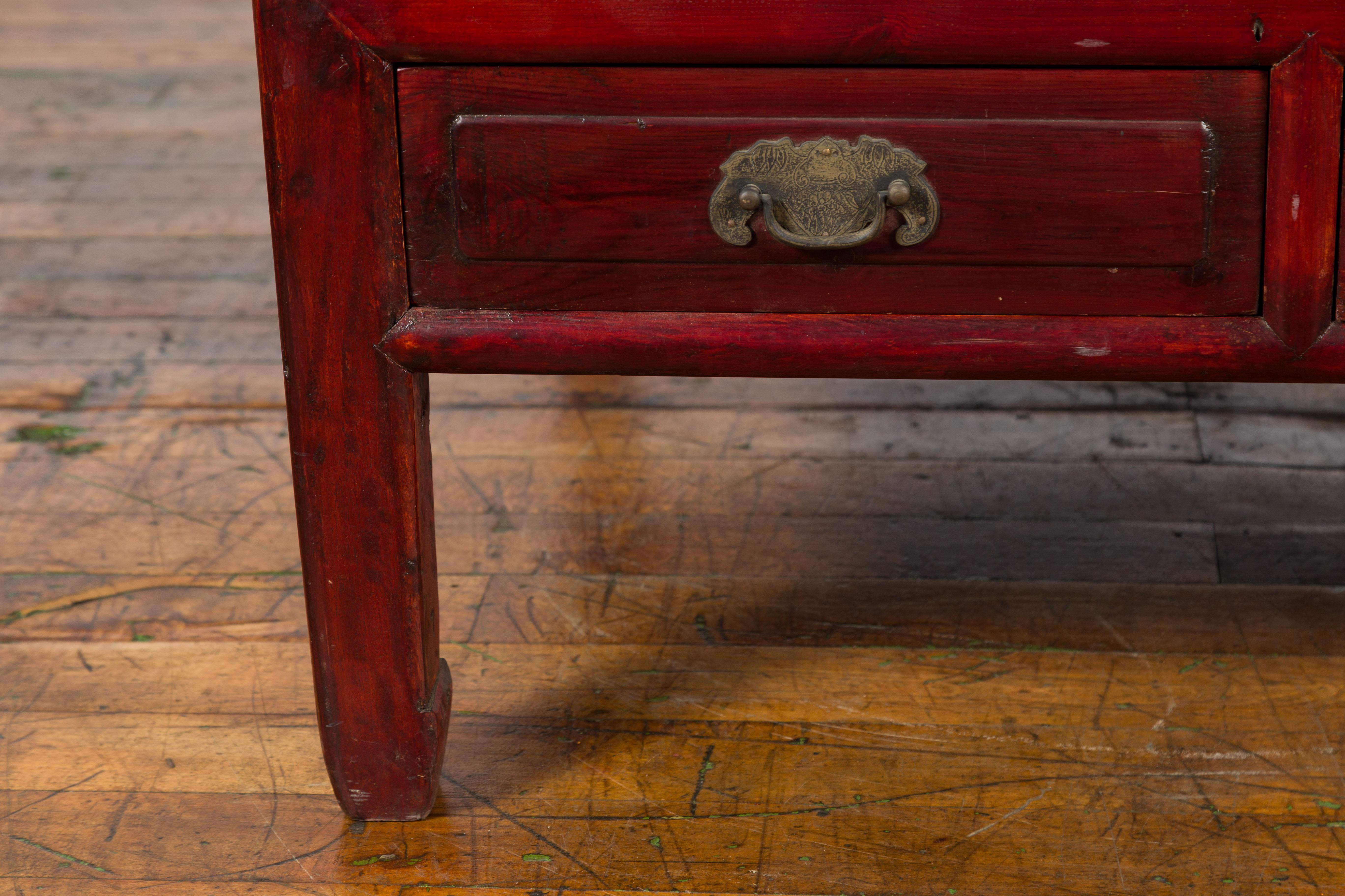 Dark Red Lacquered Coffee Table with Bamboo Top and Long Drawers For Sale 1