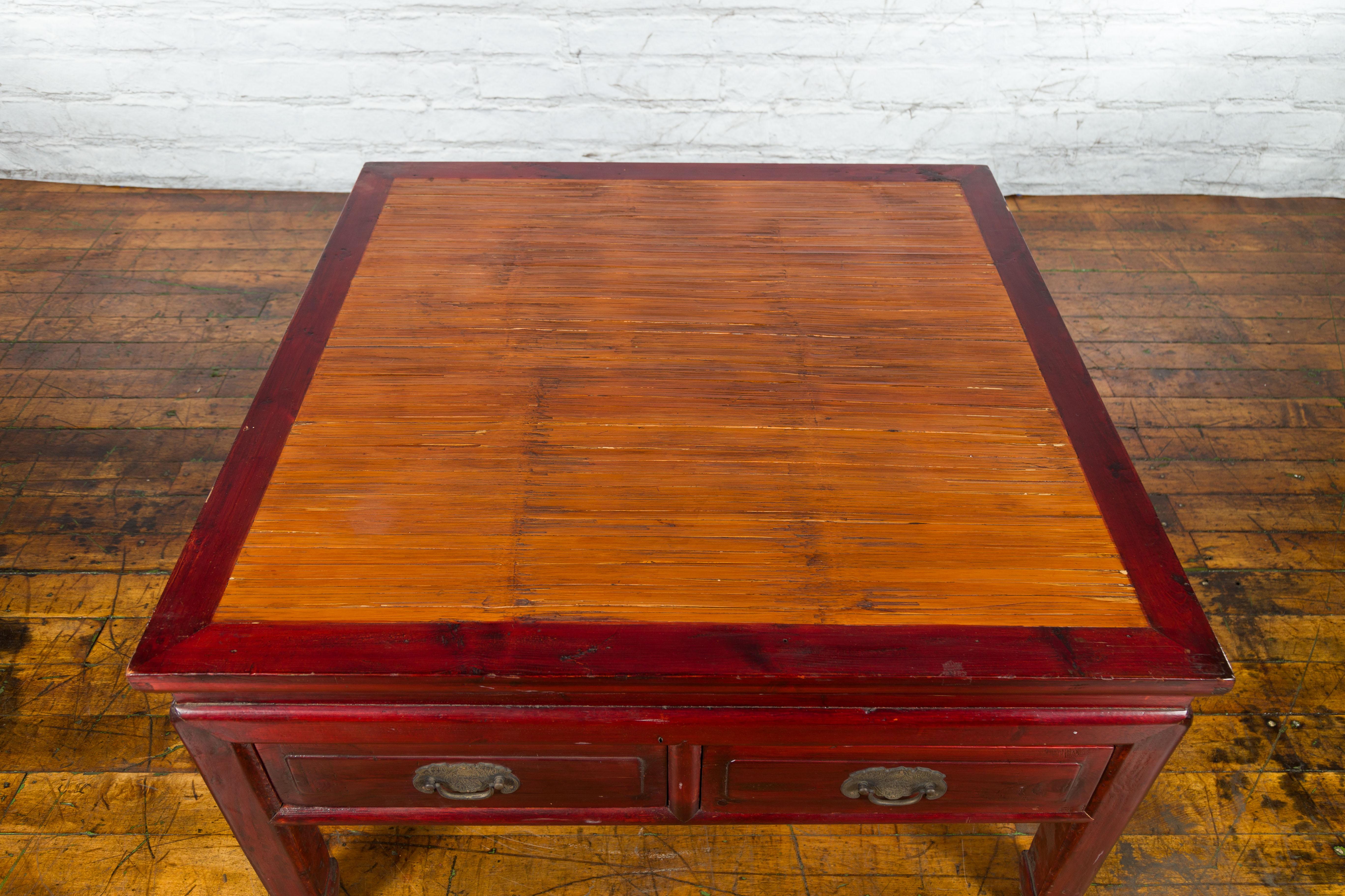 Dark Red Lacquered Coffee Table with Bamboo Top and Long Drawers For Sale 4