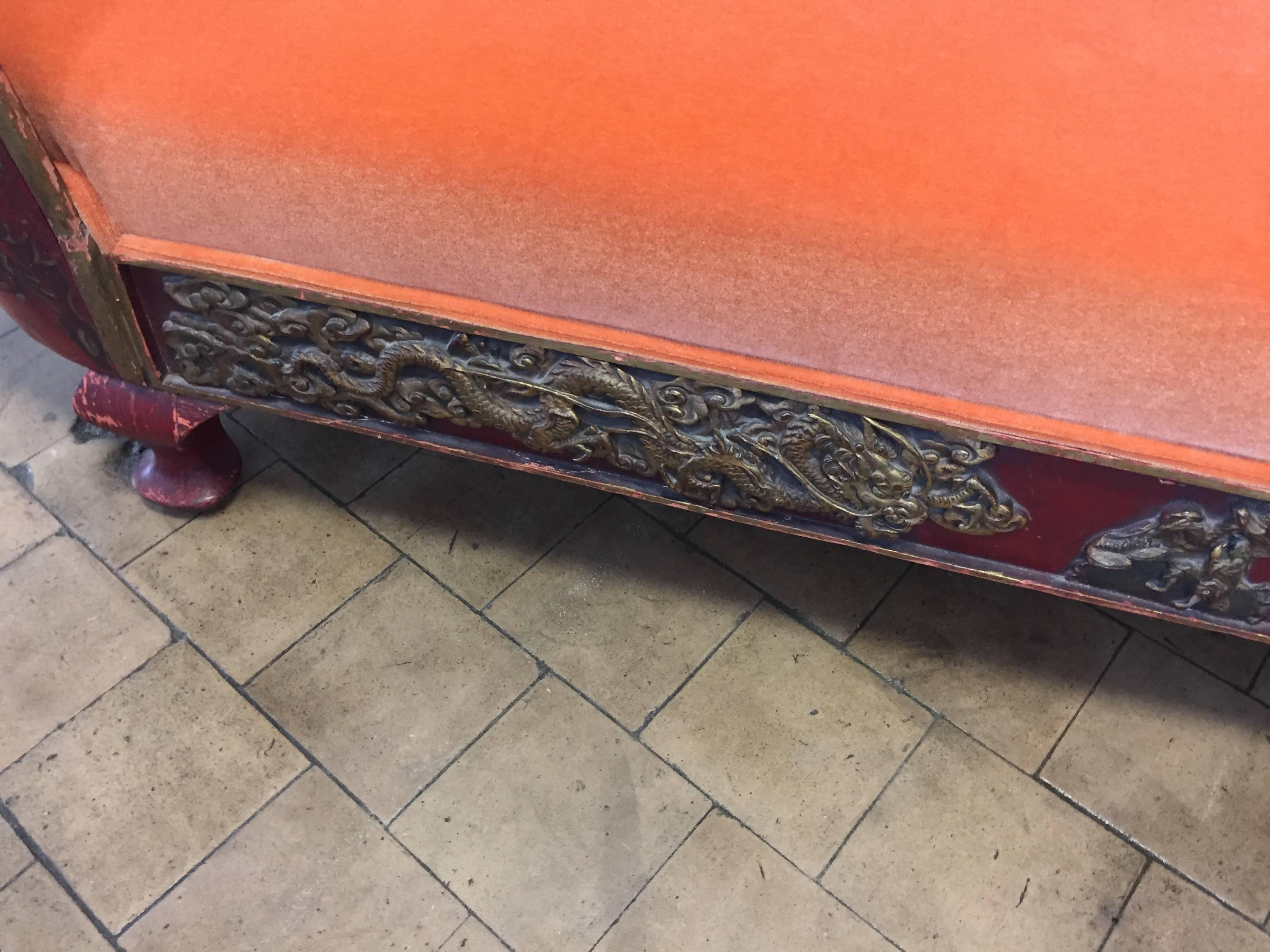 Hand-Carved Chinese Daybed Art Deco Style in Color Red