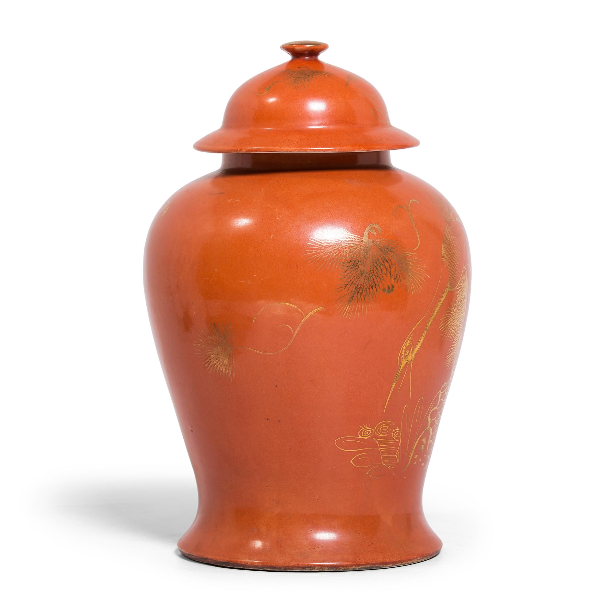 Glazed Chinese Deco Persimmon Baluster Jar with Gilt Crane