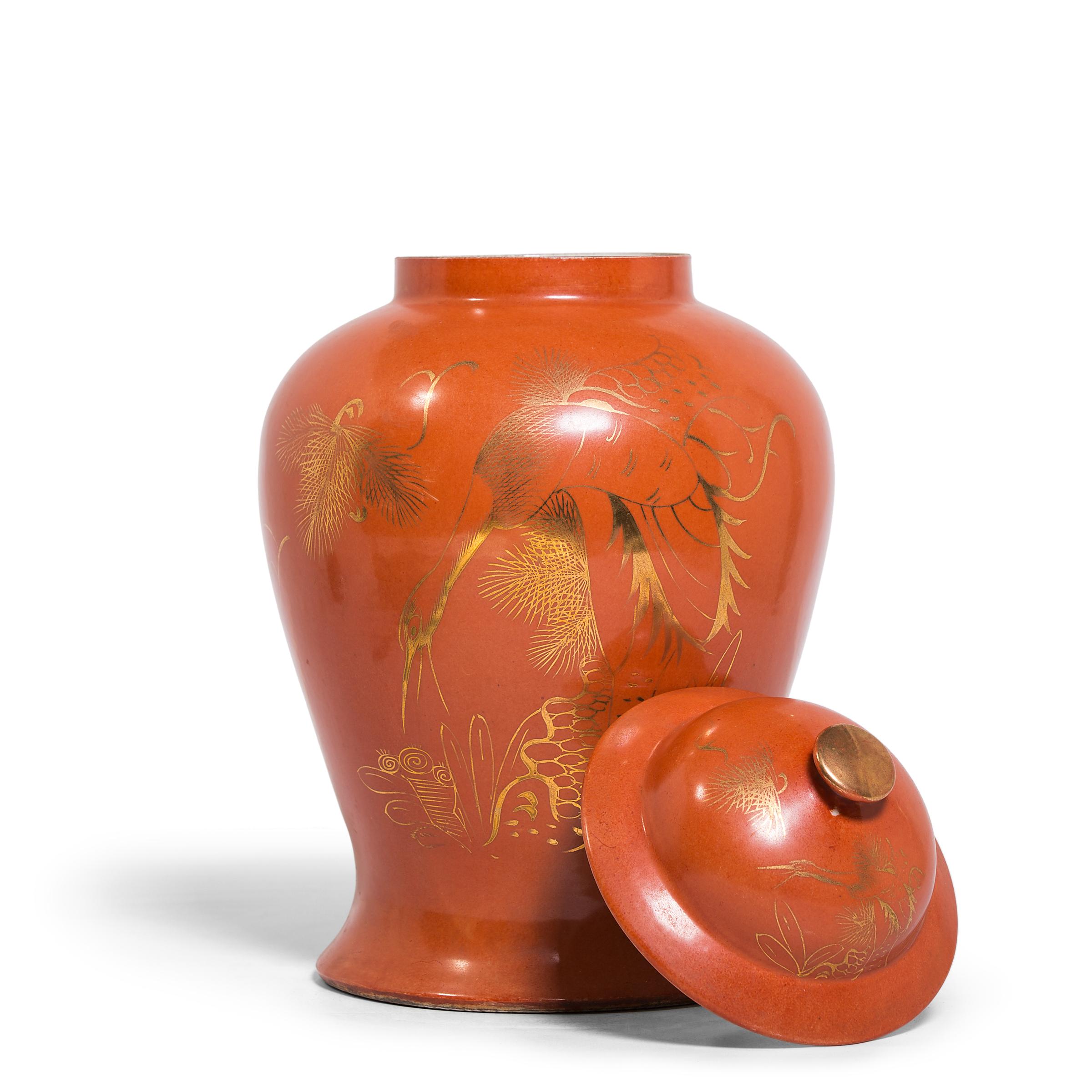 Chinese Deco Persimmon Baluster Jar with Gilt Crane In Good Condition In Chicago, IL