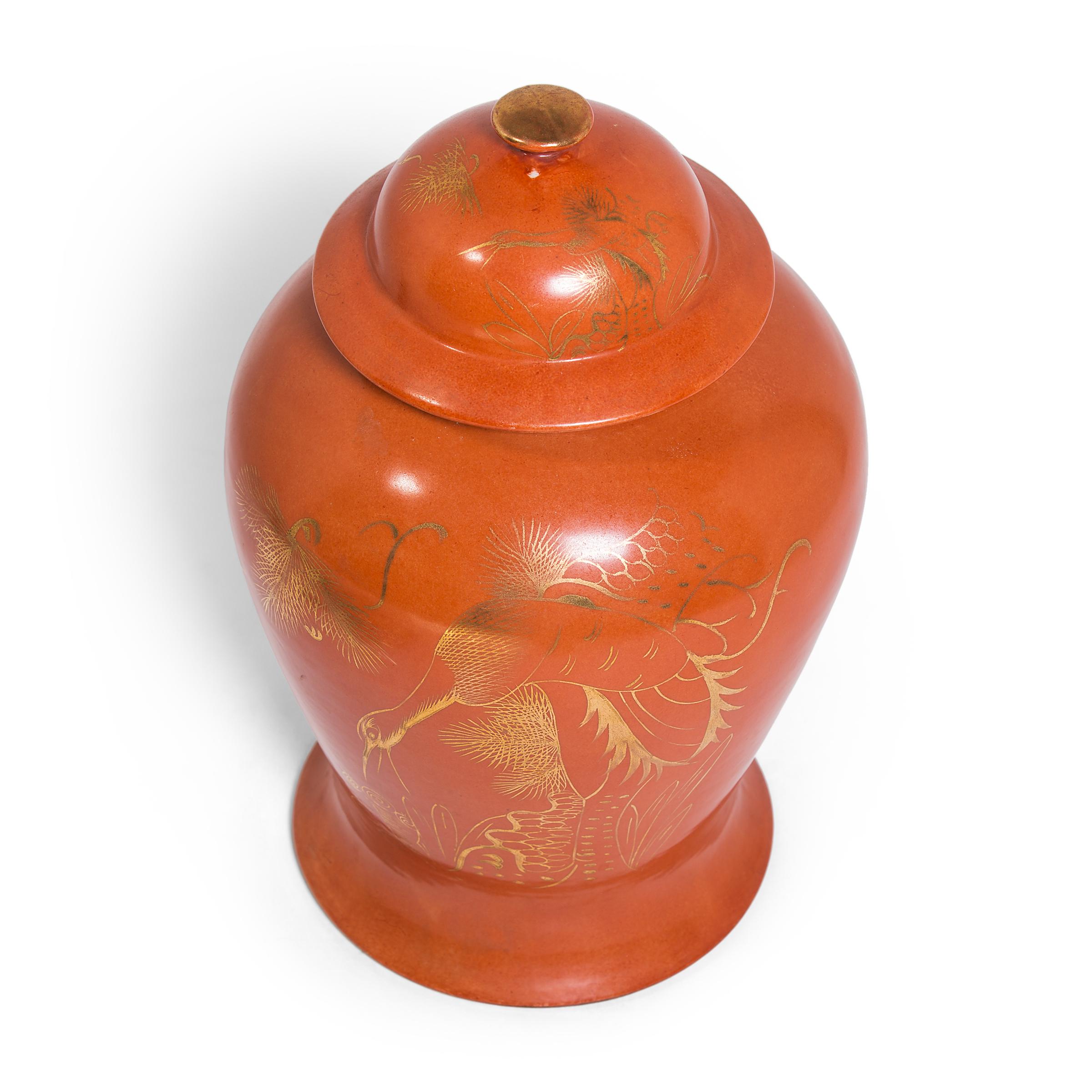20th Century Chinese Deco Persimmon Baluster Jar with Gilt Crane