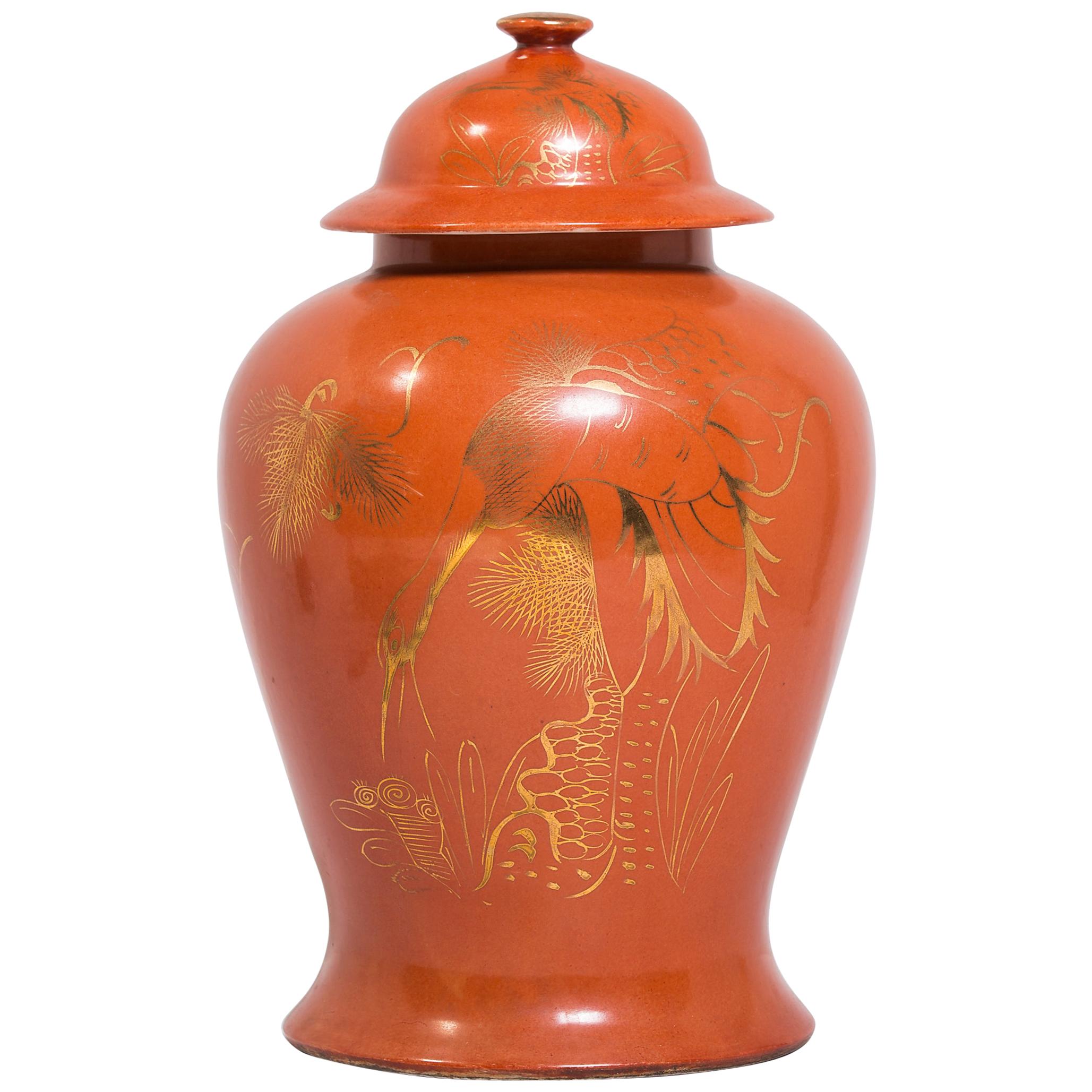Chinese Deco Persimmon Baluster Jar with Gilt Crane
