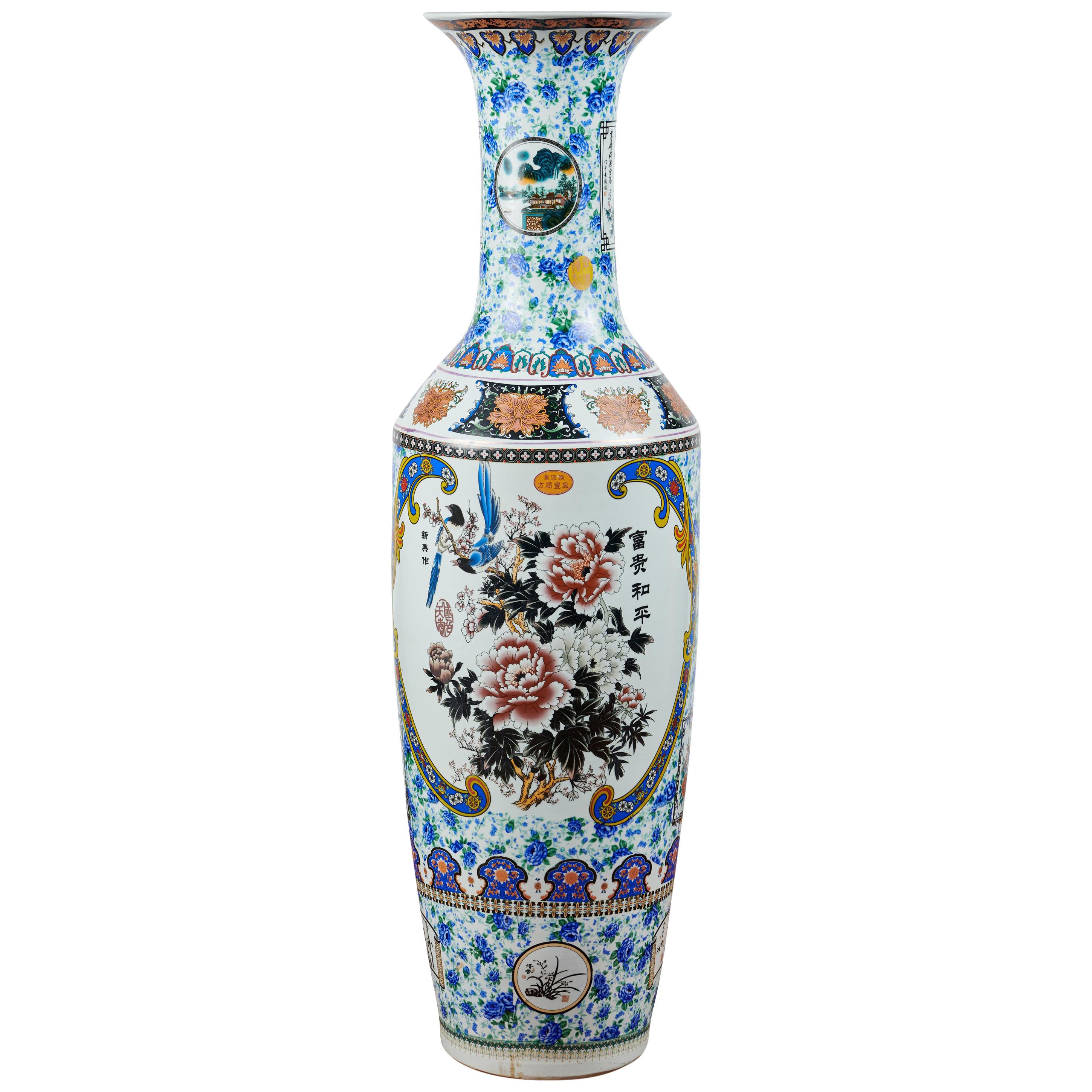 Chinese Decorative Floor Vase, Traditional Floral Patterning For Sale