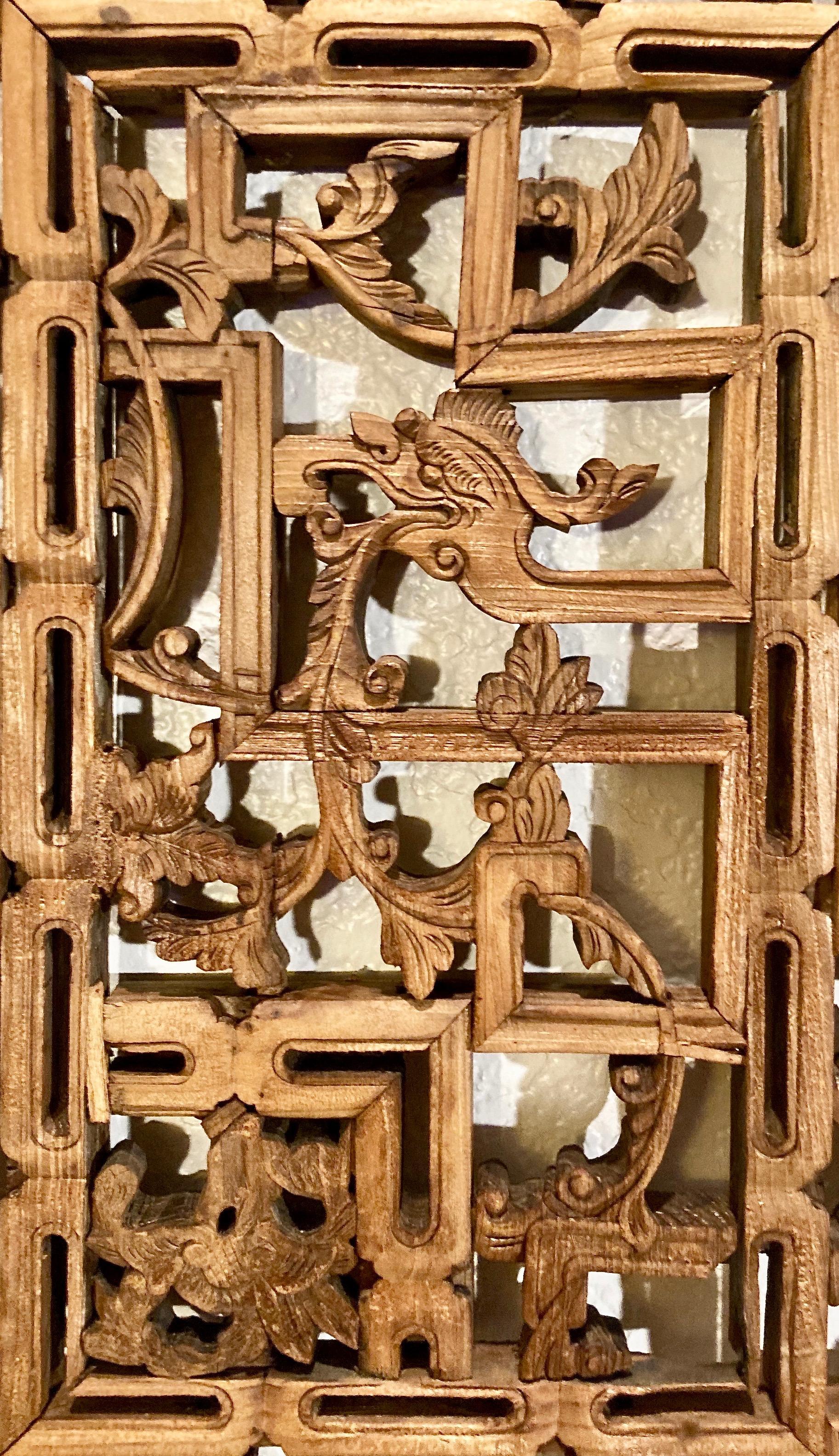 Conventional quality lattice panel, lightweight lattice work with dragon and floral motif, and two-piece frame.