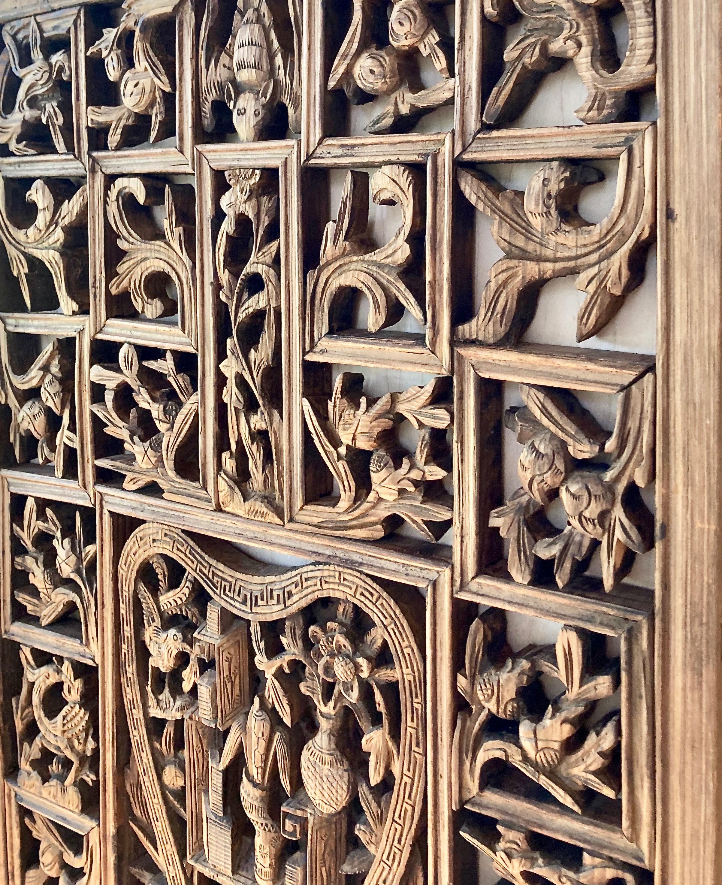 Chinese Decorative Lattice + Carved Wood Panel For Sale at 1stDibs
