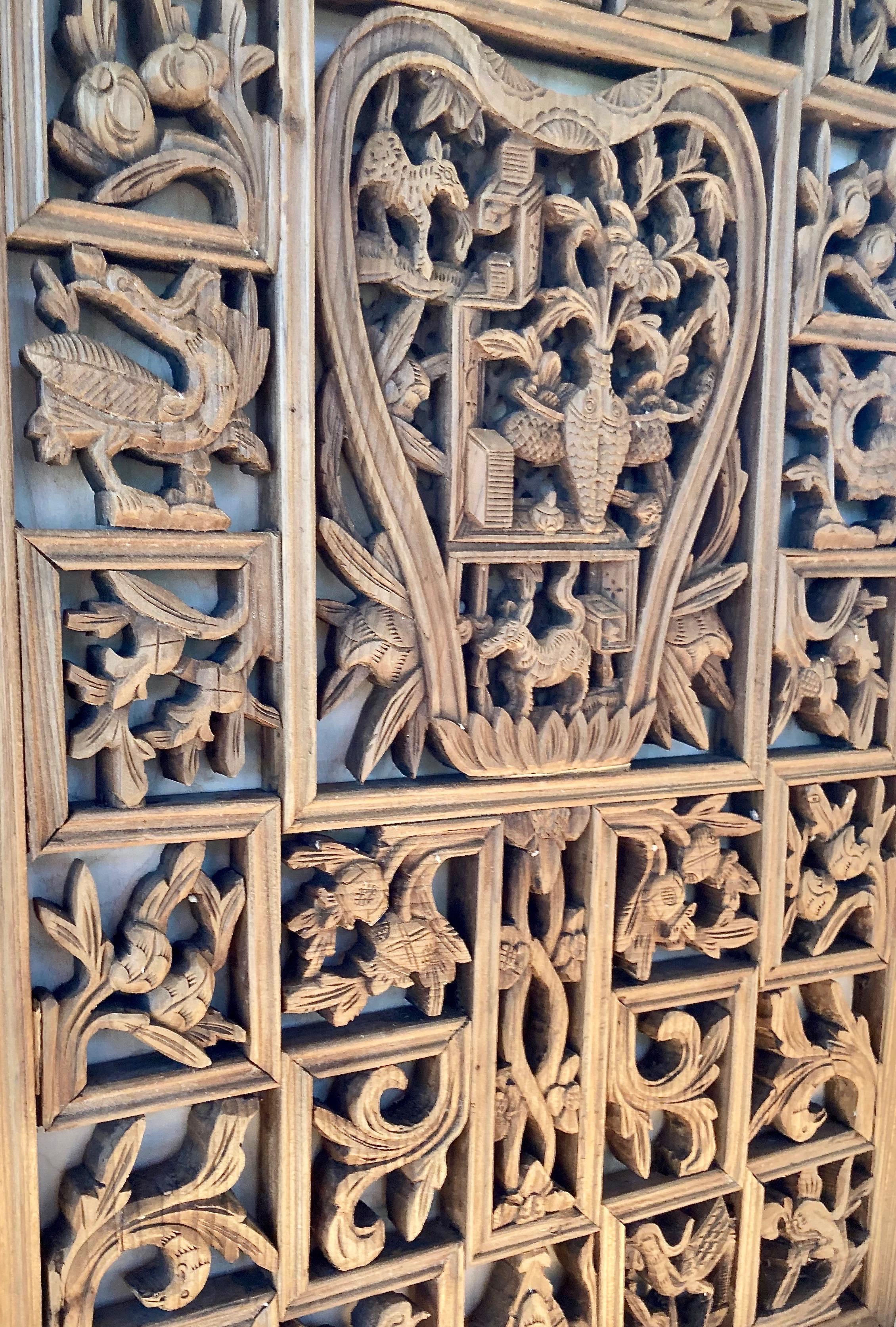 20th Century Chinese Decorative Lattice + Carved Wood Panel For Sale