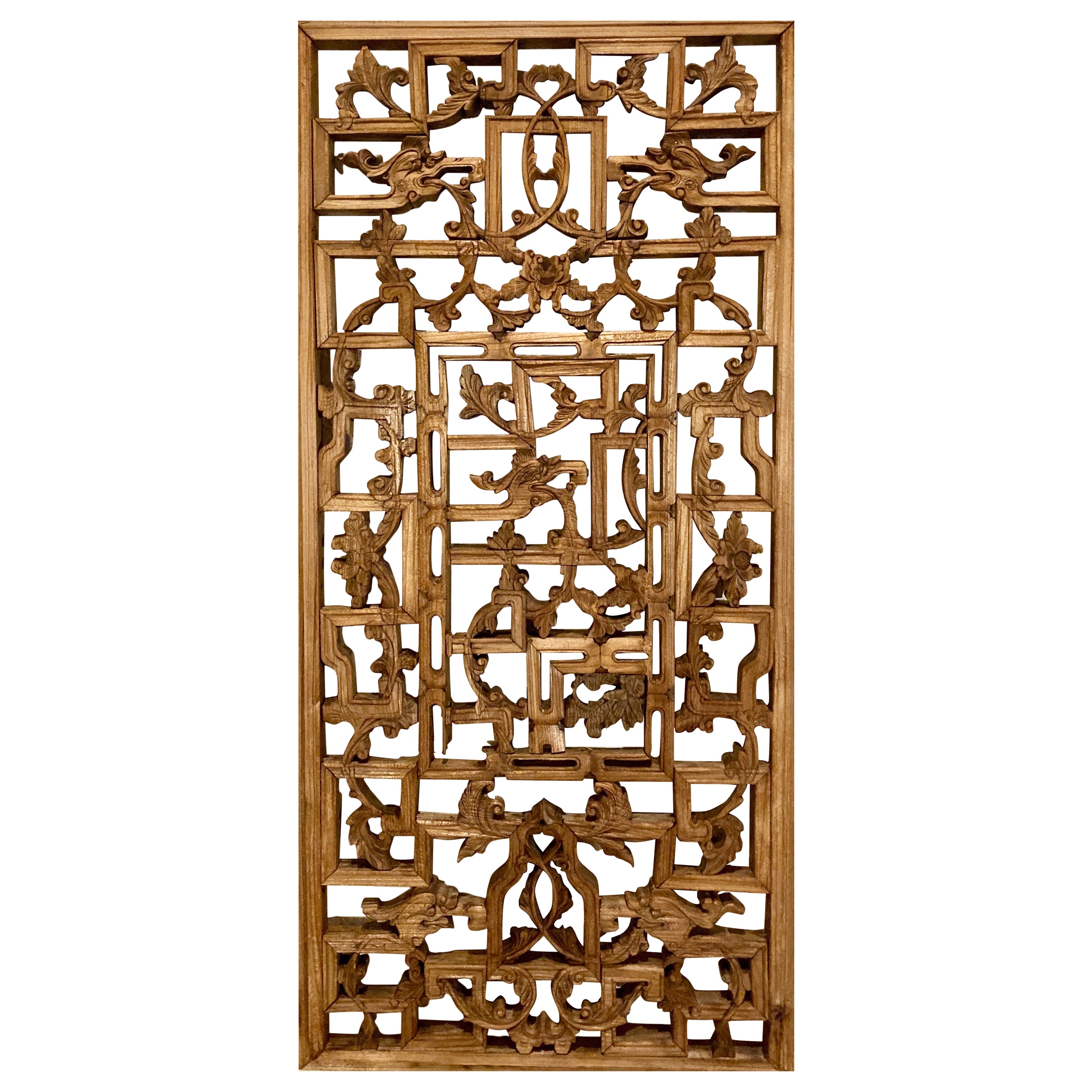 Chinese Decorative Lattice + Carved Wood Panel For Sale