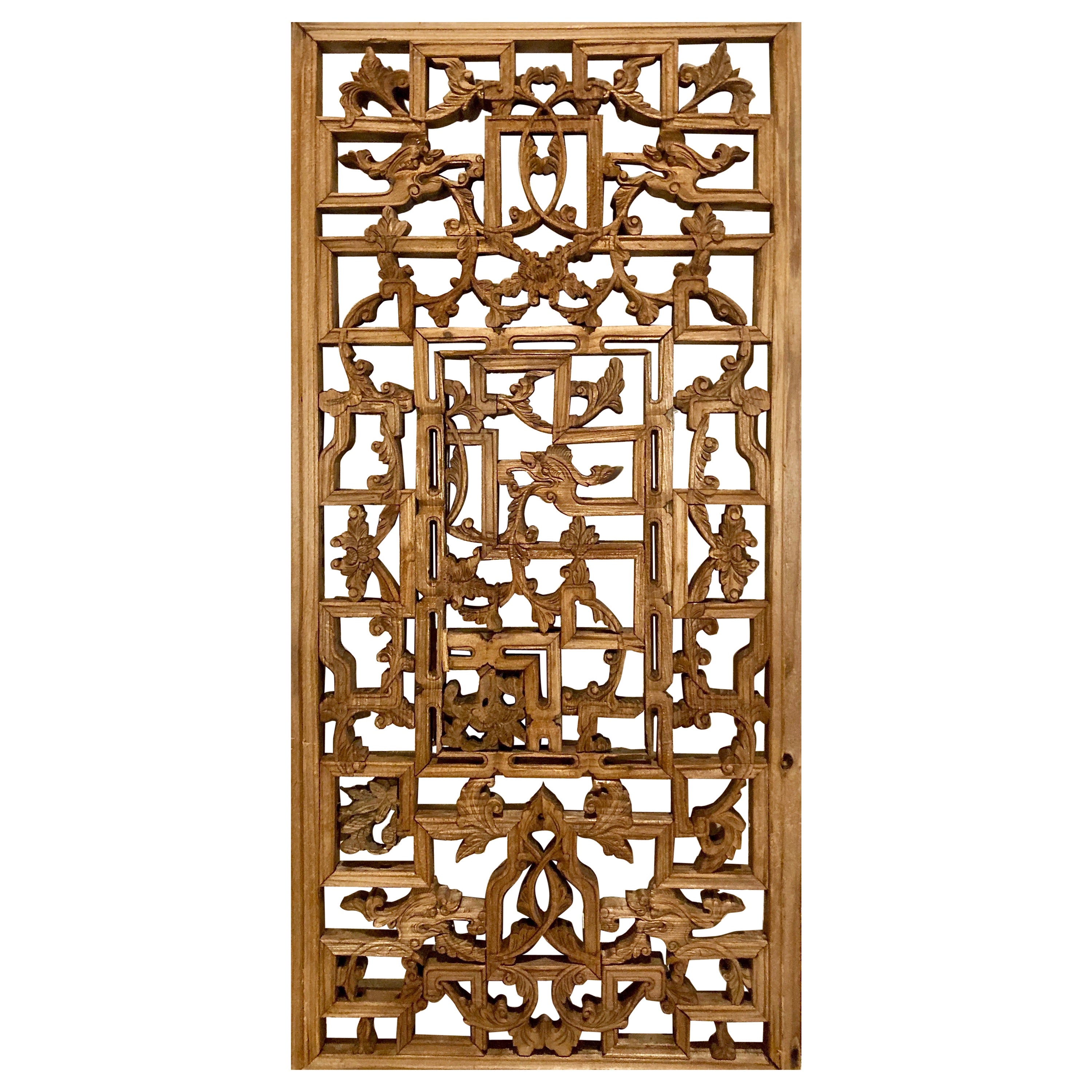 Chinese Decorative Lattice + Carved Wood Panel For Sale