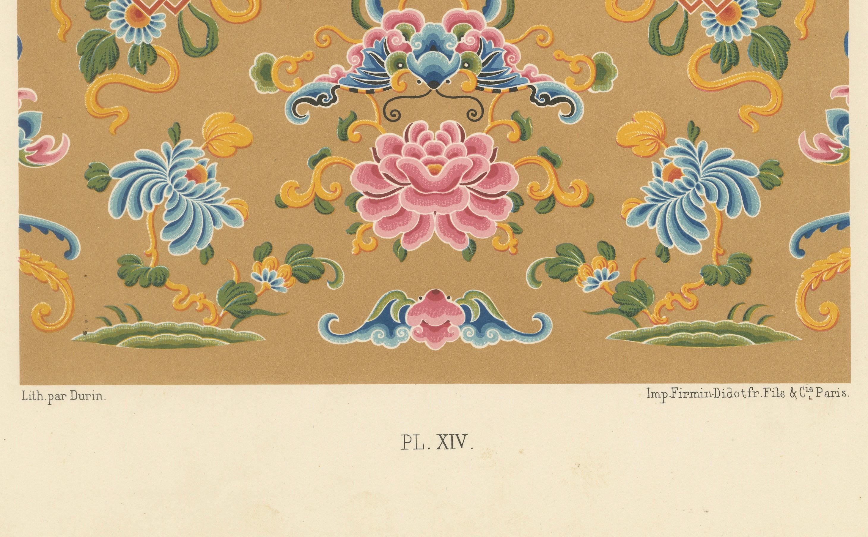 French Chinese Decorative Motifs Print – Lithograph of Floral & Symbolic Patterns 1869 For Sale