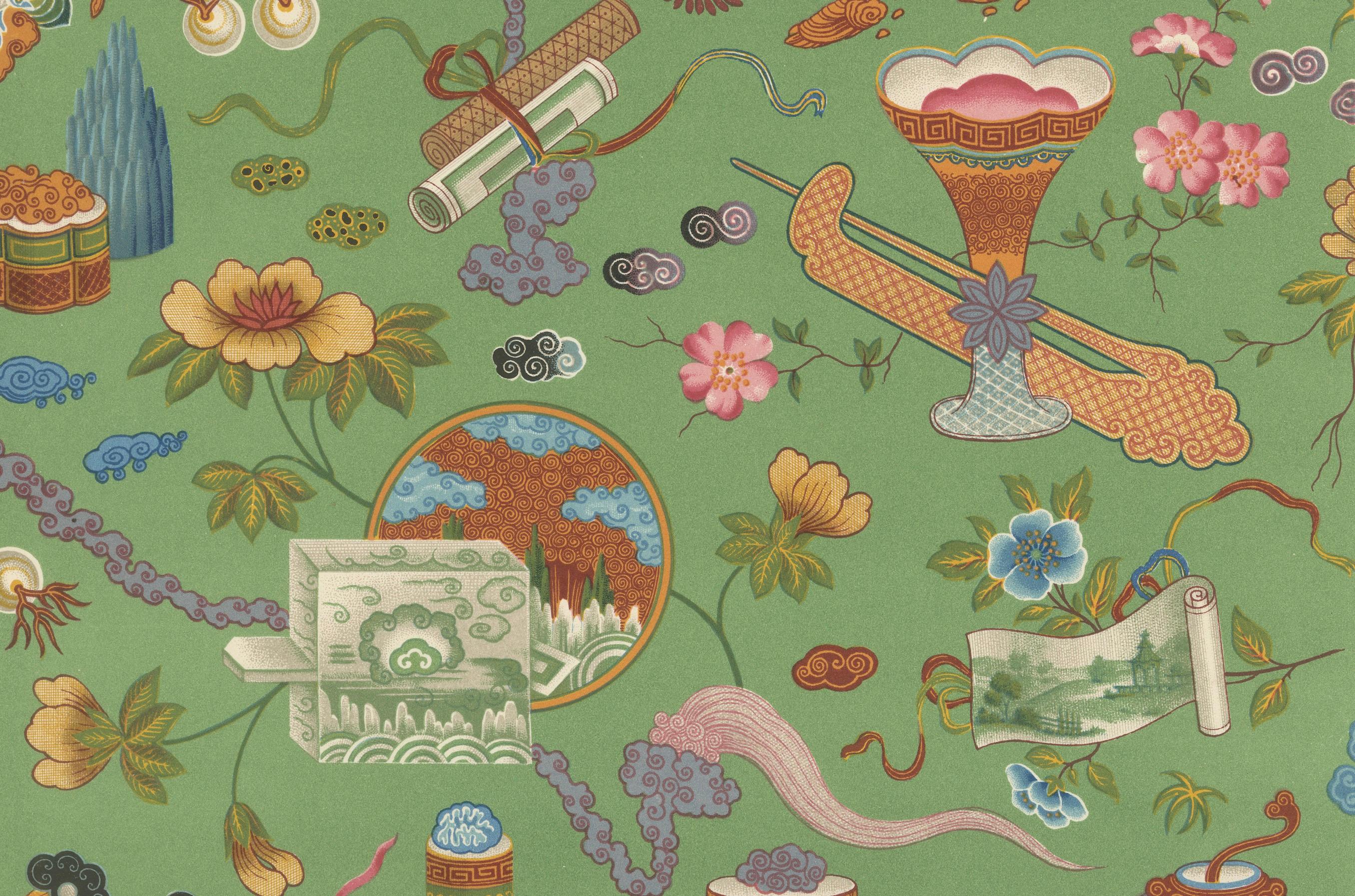 Chinese Decorative Motifs Print – Lithograph of Floral & Symbolic Patterns 1869 In Good Condition For Sale In Langweer, NL