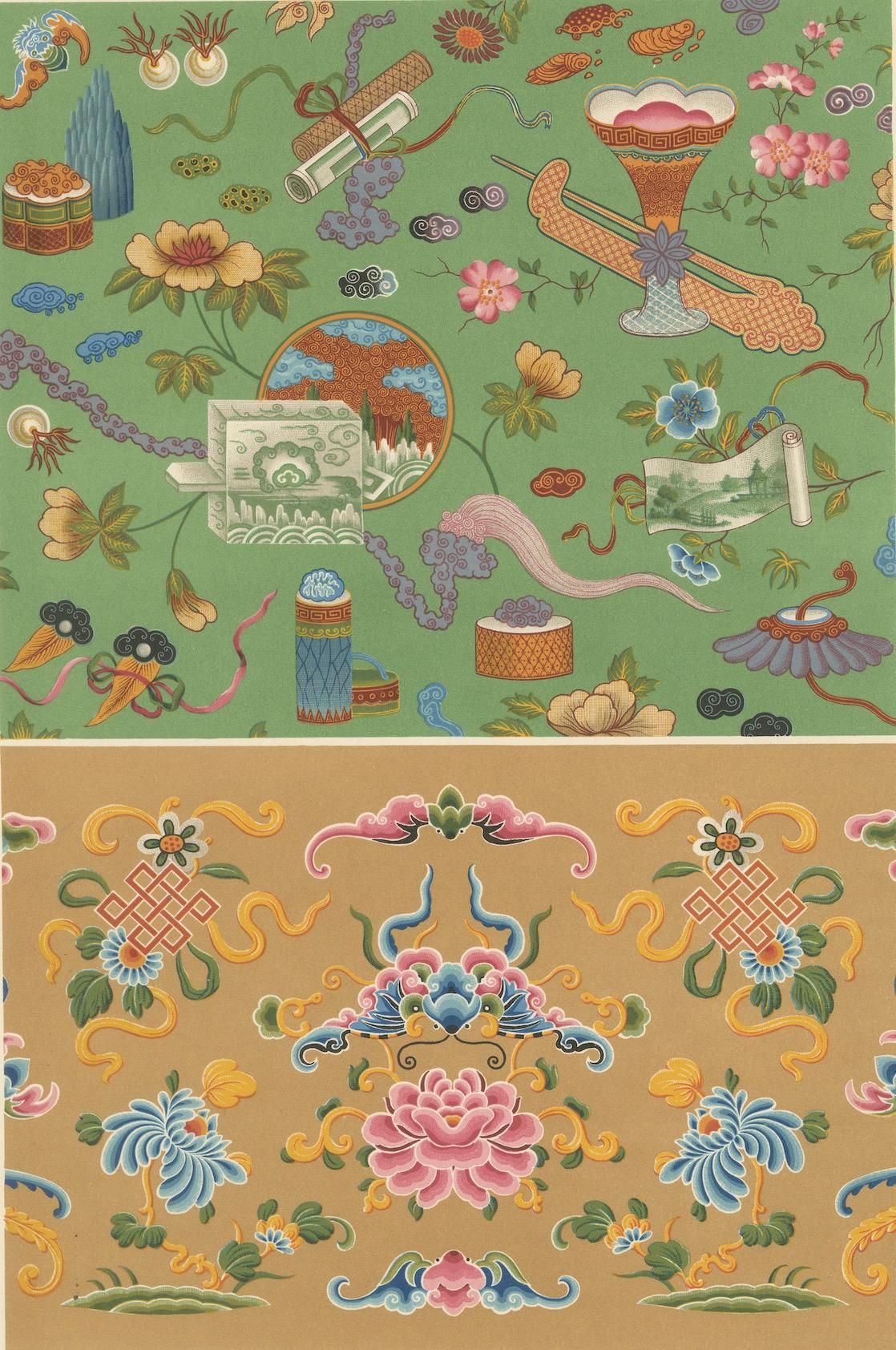 19th Century Chinese Decorative Motifs Print – Lithograph of Floral & Symbolic Patterns 1869 For Sale