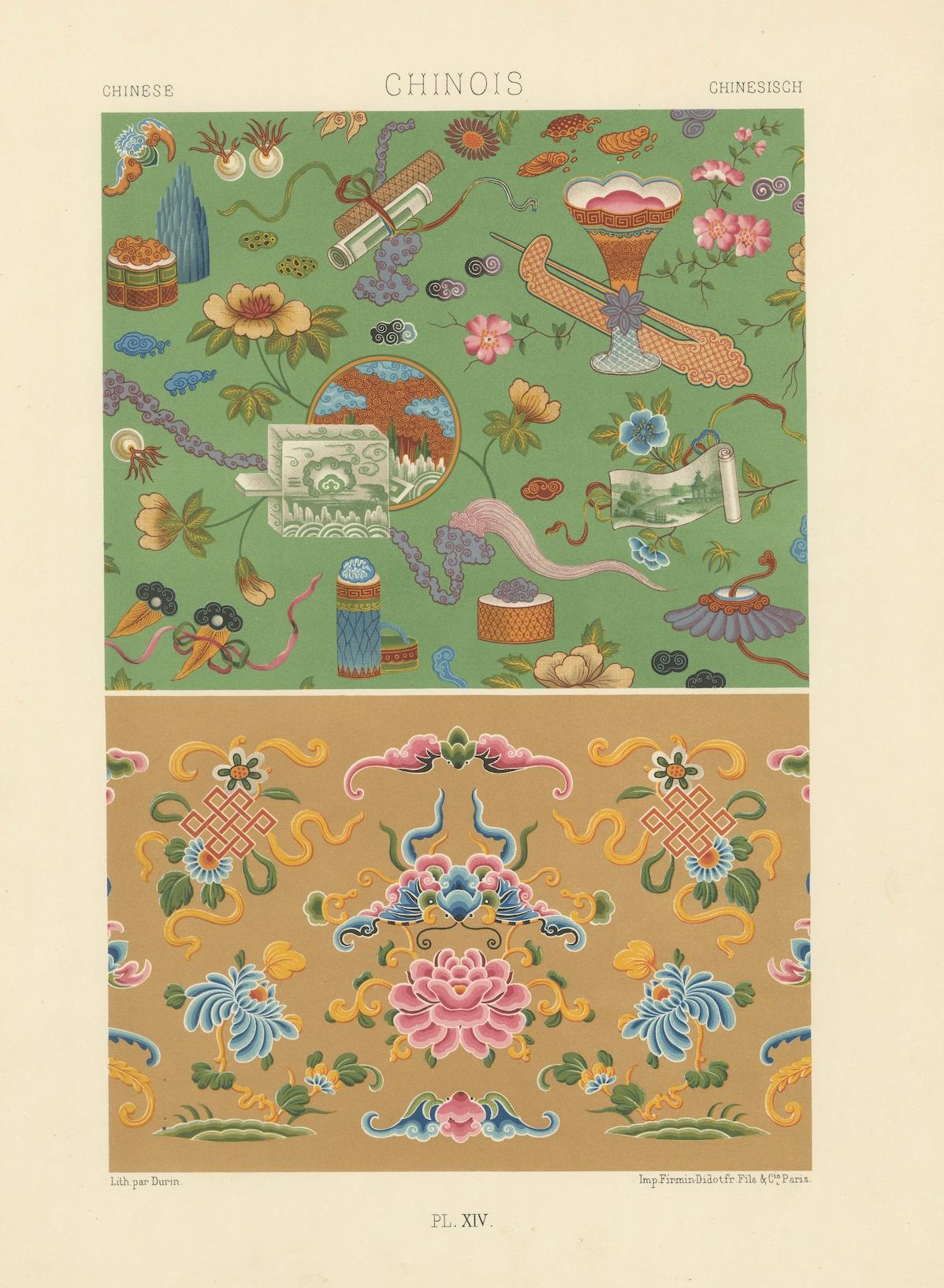 Paper Chinese Decorative Motifs Print – Lithograph of Floral & Symbolic Patterns 1869 For Sale