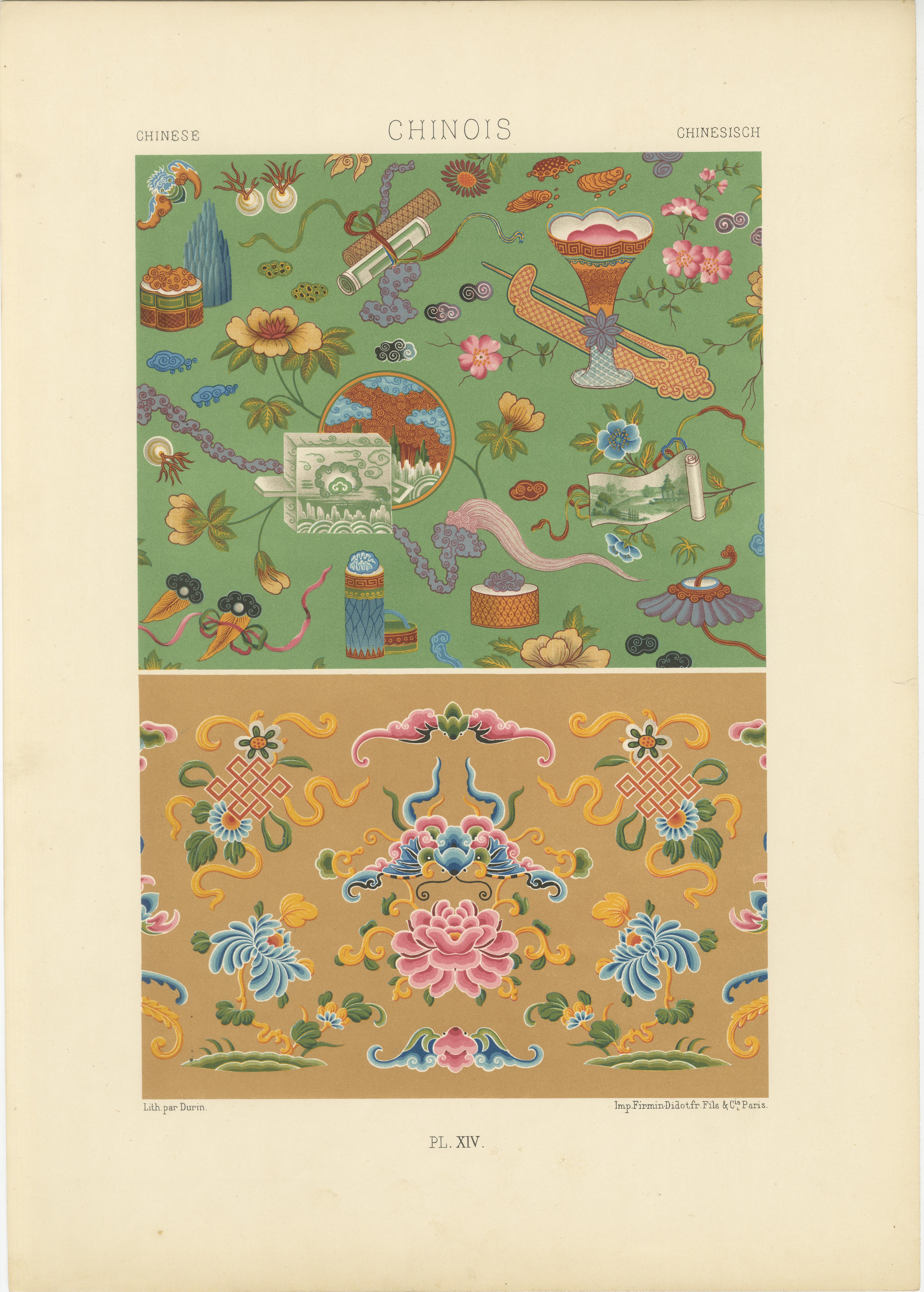Gravure de motifs décoratifs chinois - Lithographie de motifs floraux et symboliques 1869