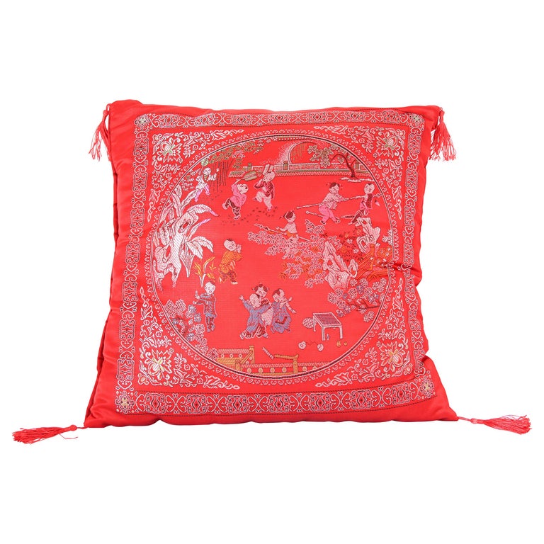 Chinese Decorative Red Throw Pillow with Tassels For Sale at 1stDibs