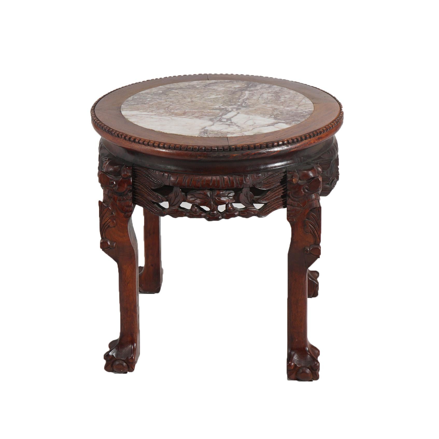 Chinese Deeply Carved Hardwood & Inset Marble Round Plant Stand 20thC

Measures - 18.5