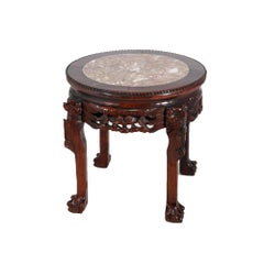 Chinese Deeply Carved Hardwood & Inset Marble Round Plant Stand 20thC