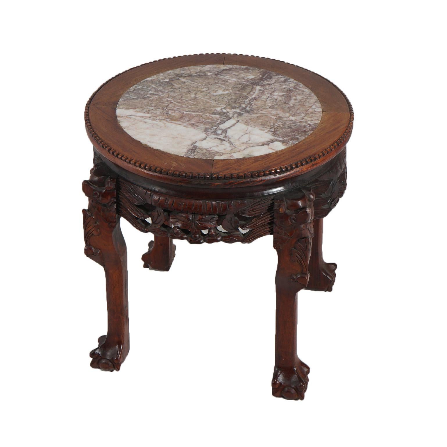 Asian Chinese Deeply Carved Hardwood & Inset Marble Round Plant Stand 20thC For Sale