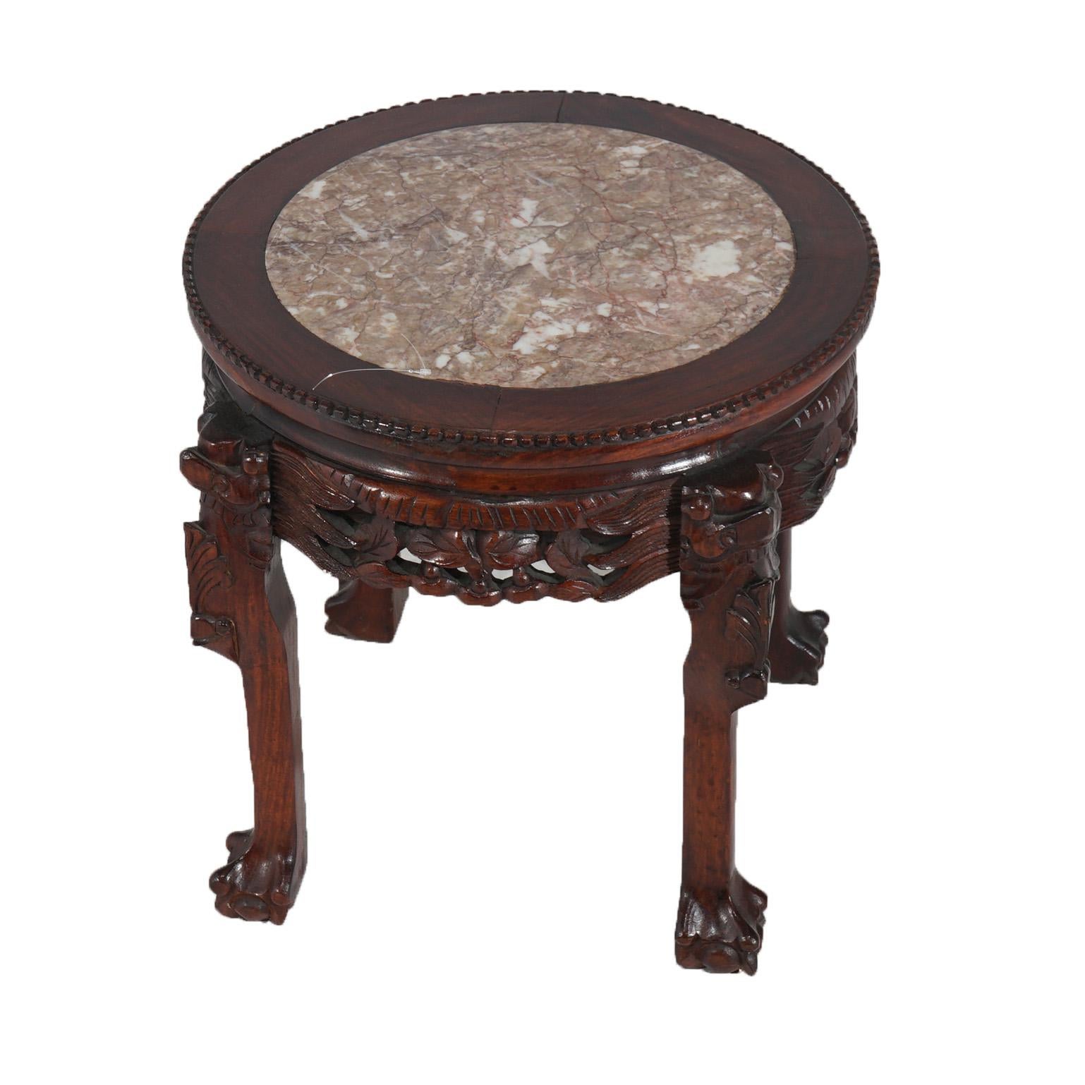 Asian Chinese Deeply Carved Hardwood & Inset Marble Round Plant Stand 20thC For Sale